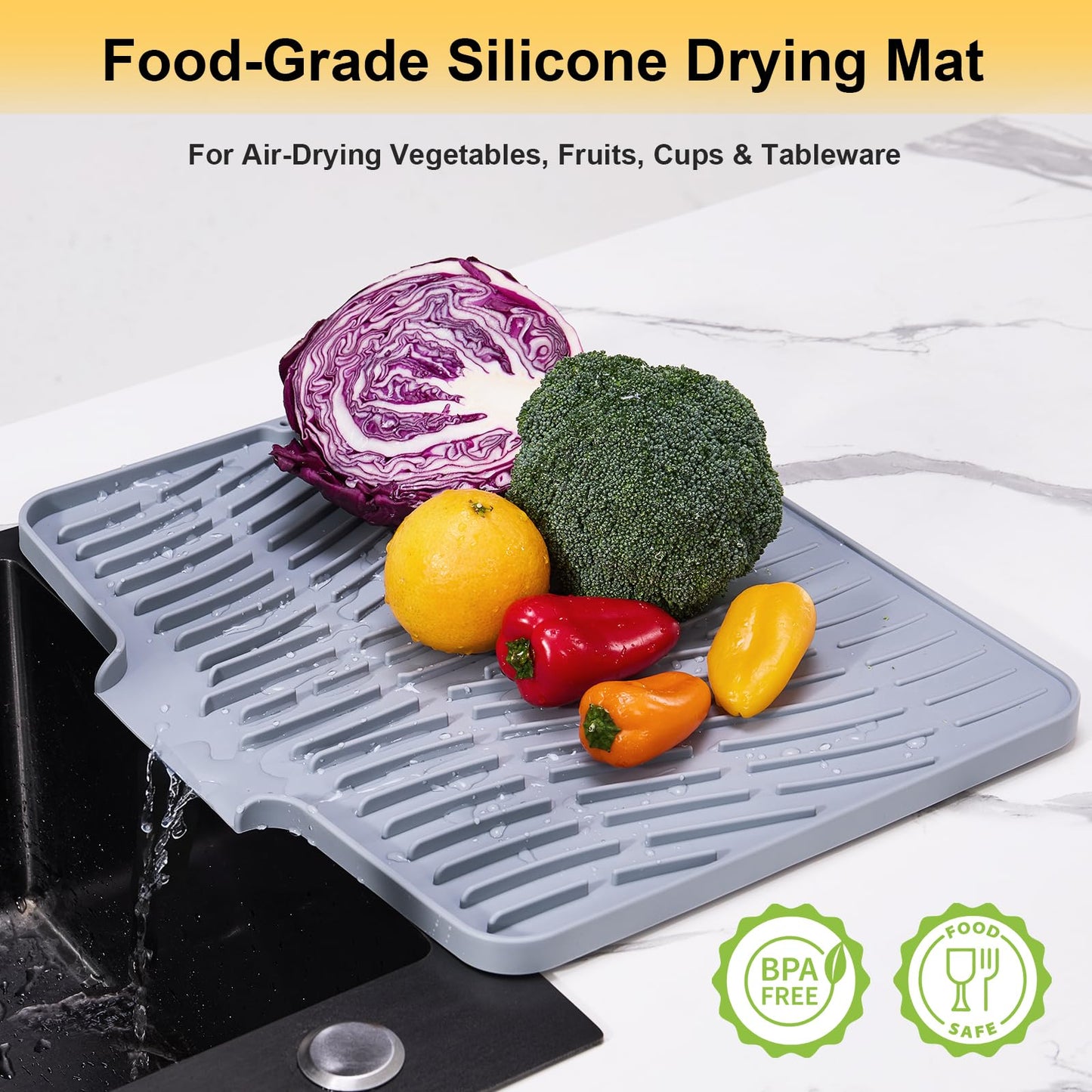 Silicone Dish Drying Mat for Kitchen Counter,Non-Slip Dish Drying Pad with Drain Lip,Heat Resistant Sink drying Mat for Dishes,Large Rubber dish drain mat dish rack mat (Grey,15.8"x13")