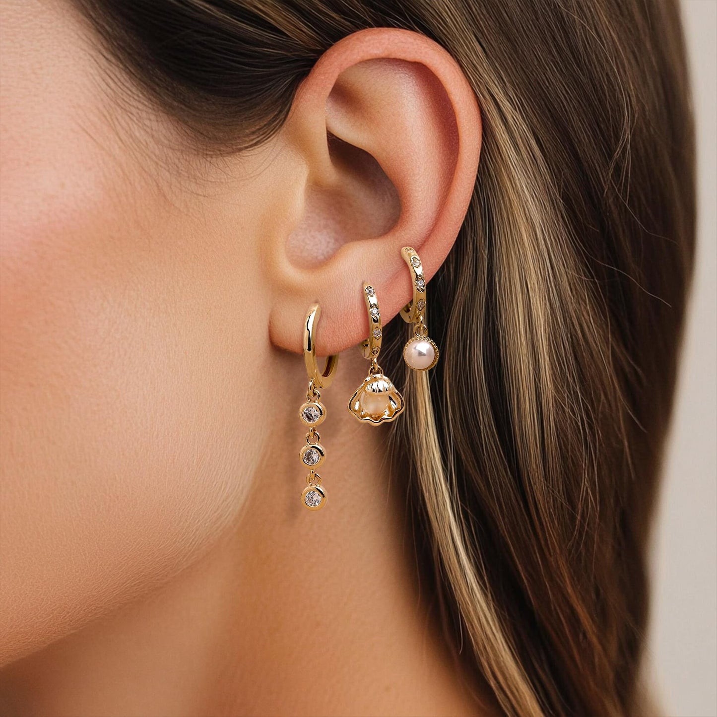 Frigotine 3PCS Gold Pearl Hoop Stud Earrings Stack Set for Women, Dainty Rhinestone Teardrop Chain Dolphin Shell Multiple Piercing Cartilage Summer Beach Jewelry Gift