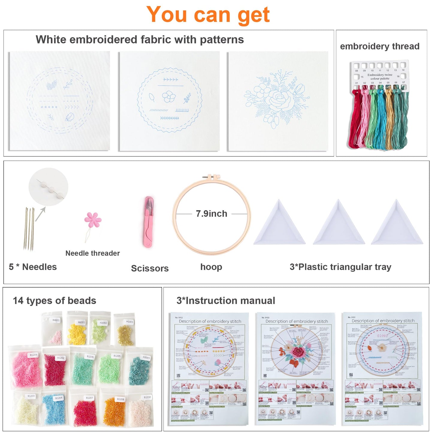 Myfelicity Bead Embroidery kit with Floral Patterns, Colorful Thread Sets, and Instructions, Suitable for Beginners and Adults, Box Packaging