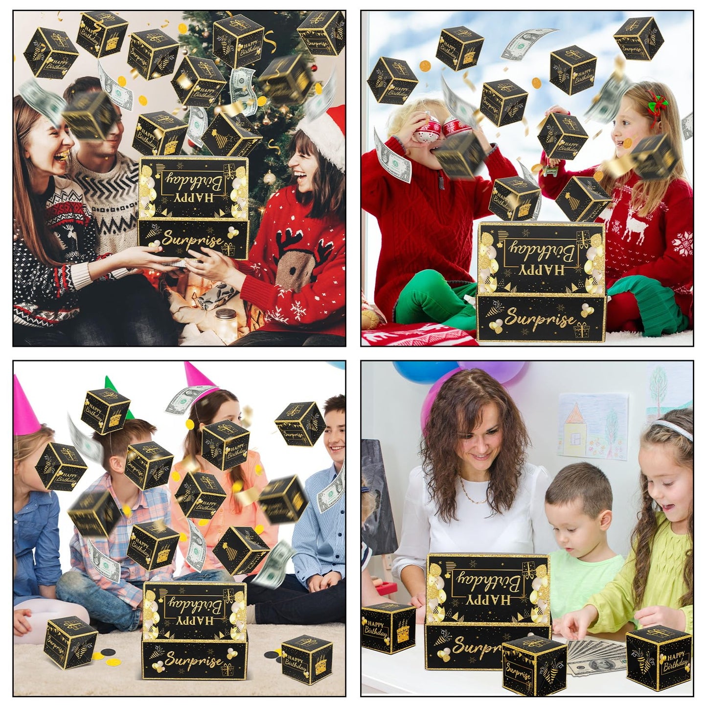 Jacyan Birthday Surprise Gift Box Explosion for Money, Exploding Money Gift Box for Cash Pop up Birthday Money Explosion Box Surprise Party Gift 12 Folding Bounce Boxes for Men Women Kids, Black Gold