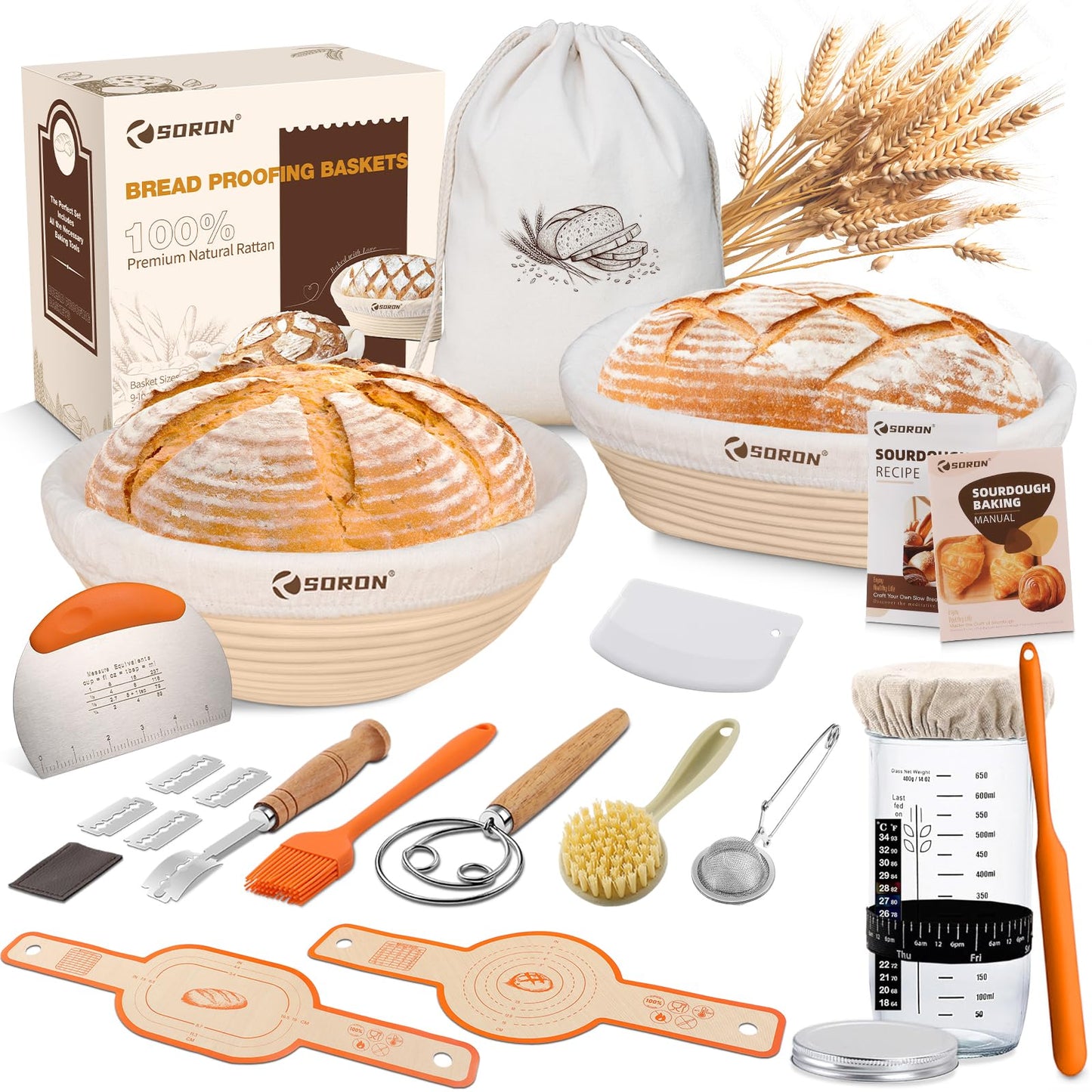 SORON Sourdough Starter Kit, Banneton Bread Proofing Basket with Glass Sour Dough Starter Jar, Sourdough Bread Baking Supplies Tools, 9" Round & 10" Oval Banneton Baskets, Gift Set for Homemade Making
