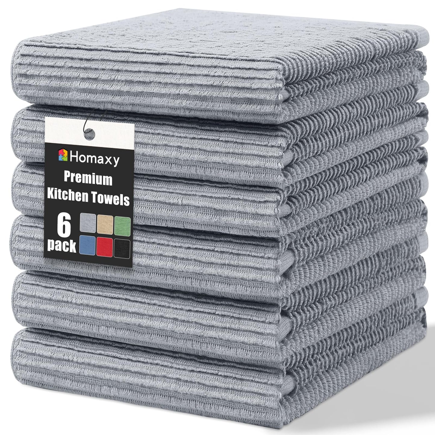 Homaxy Premium Kitchen Towels (18"x 28", 6 Pack), Large 100% Cotton Kitchen Hand Towels, Ultra Absorbent Ribbed Terry Tea Towels Set with Hanging Loop, Grey
