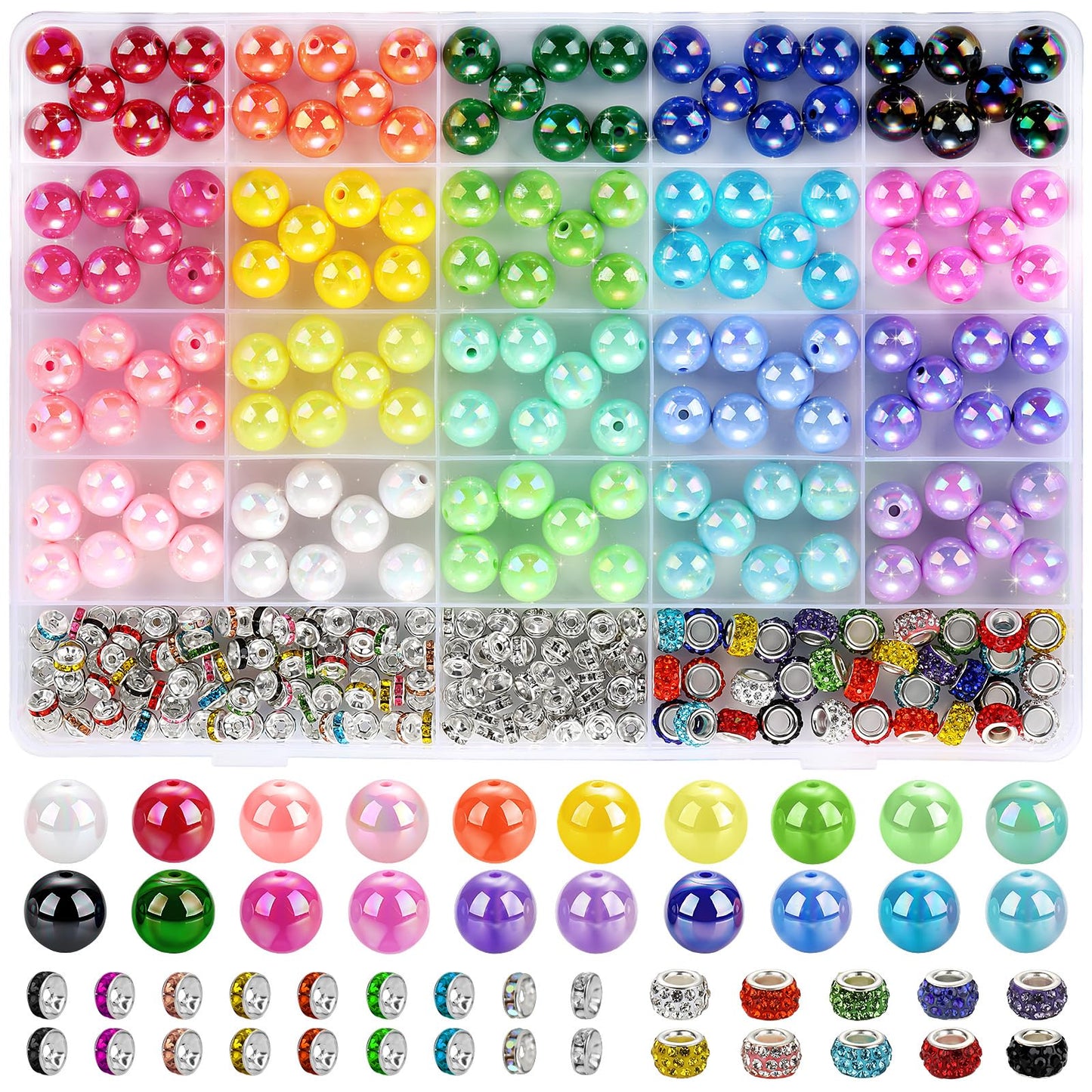 Funtopia 290pcs Beads for Pens, 14mm Focal Beads Pen Making Kit for Keychains Beadable Pens, Rainbow Chunky Bubblegum Acrylic Beads with Rhinestone Rondelle Spacer Bead for DIY Craft Supplies