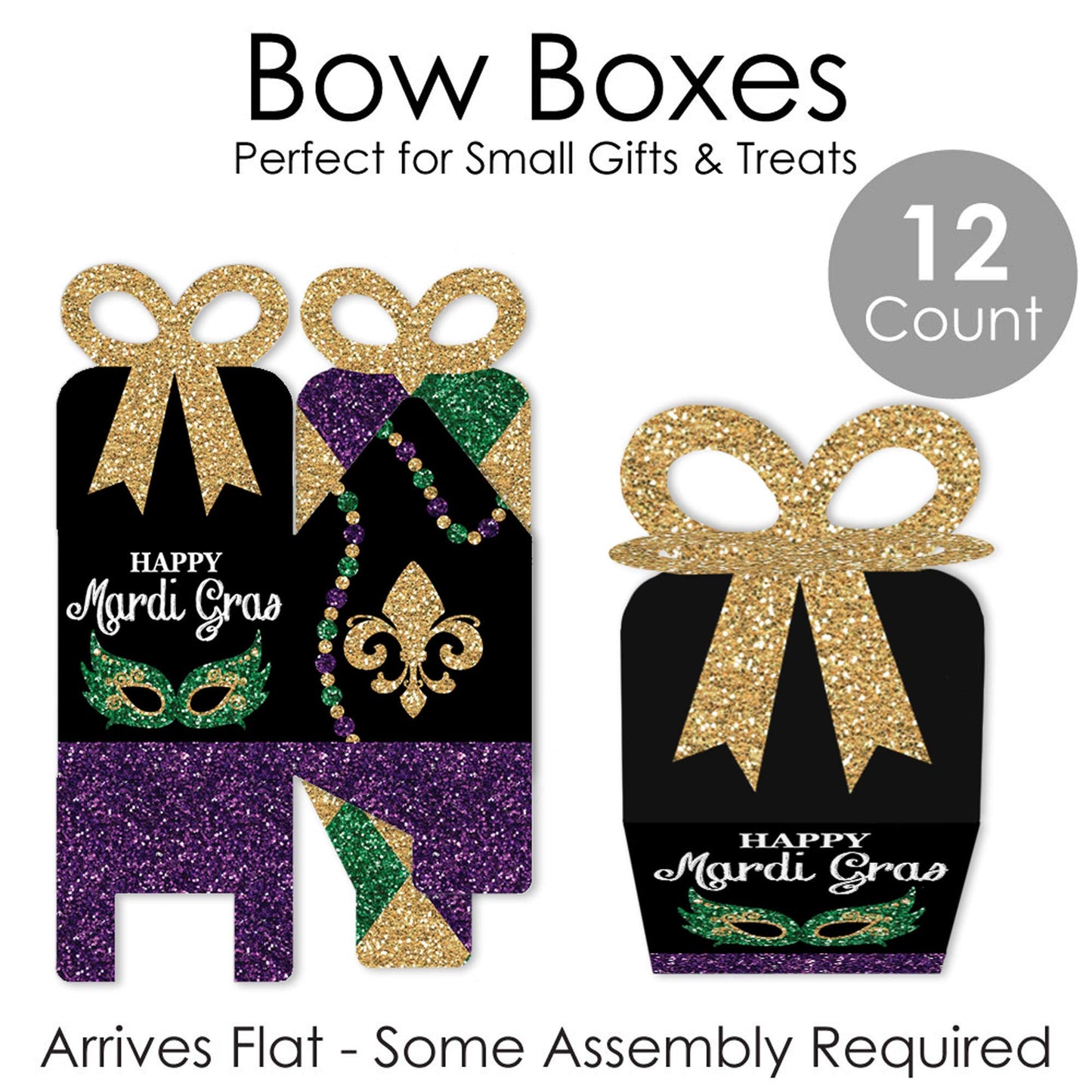 Big Dot of Happiness Mardi Gras - Square Favor Gift Boxes - Masquerade Party Bow Boxes - Set of 12