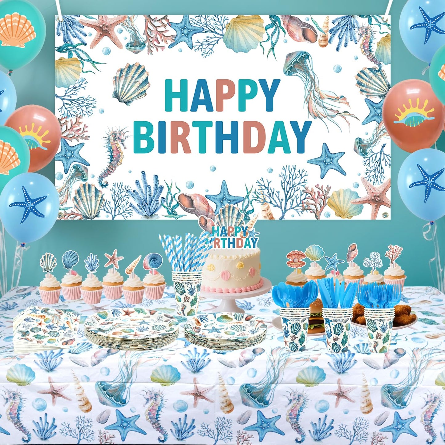 Obussgar Shells Birthday Party Decorations - Shells Party Supplies including Backdrop, Plate, Cake Topper, Cup, Napkin, Balloon, Tablecloth - Serves 20
