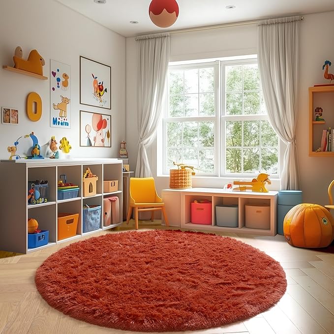 Amdrebio Terracotta Rust Round Circle Rug 6Ft for Bedroom Living Room, Fluffy Shaggy Furry Fuzzy Area Rugs for Kids Room Decor Aesthetic, Large Plush Shag Rustic Carpet for Nursery Playroom Classroom