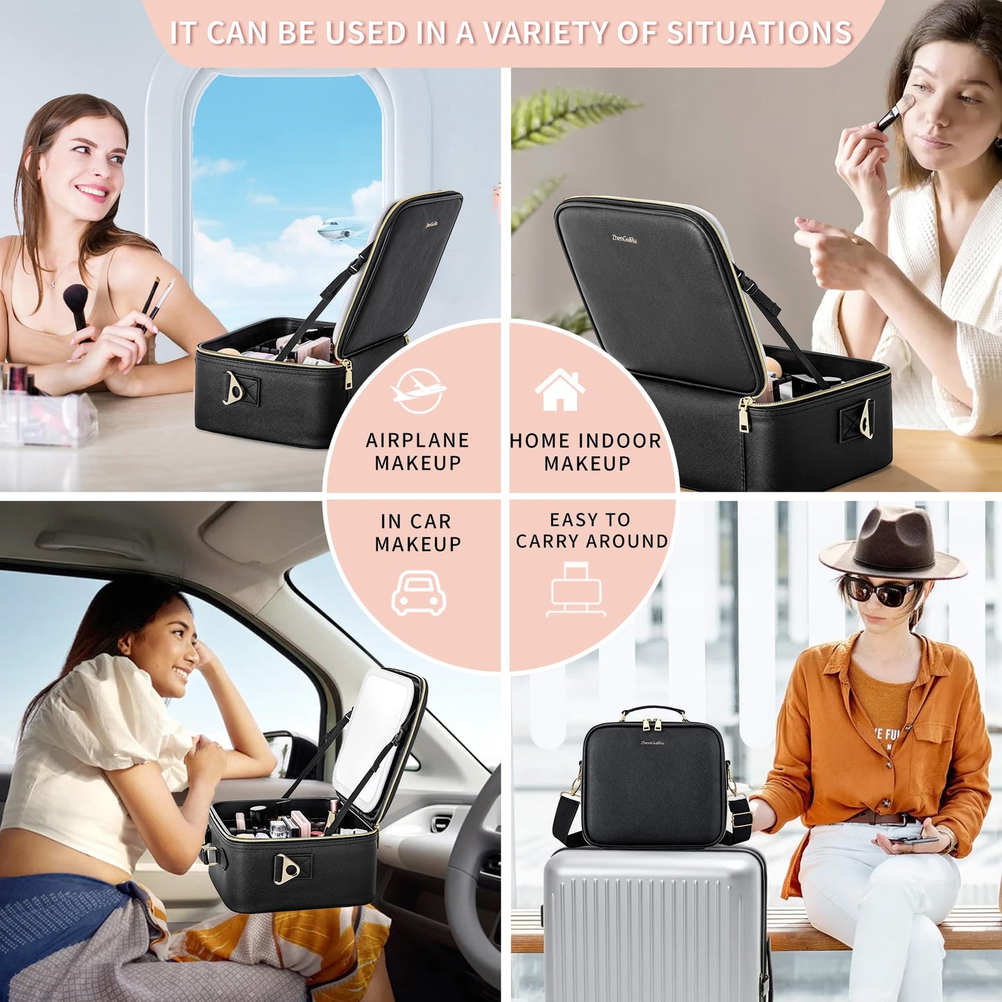 Gdsshuhung LED Makeup Bag with Mirror, Lighted Cosmetic Case with Natural Light, Adjustable Brightness and Soft Lighting, Travel Organizer with Compartments for Women(Black)