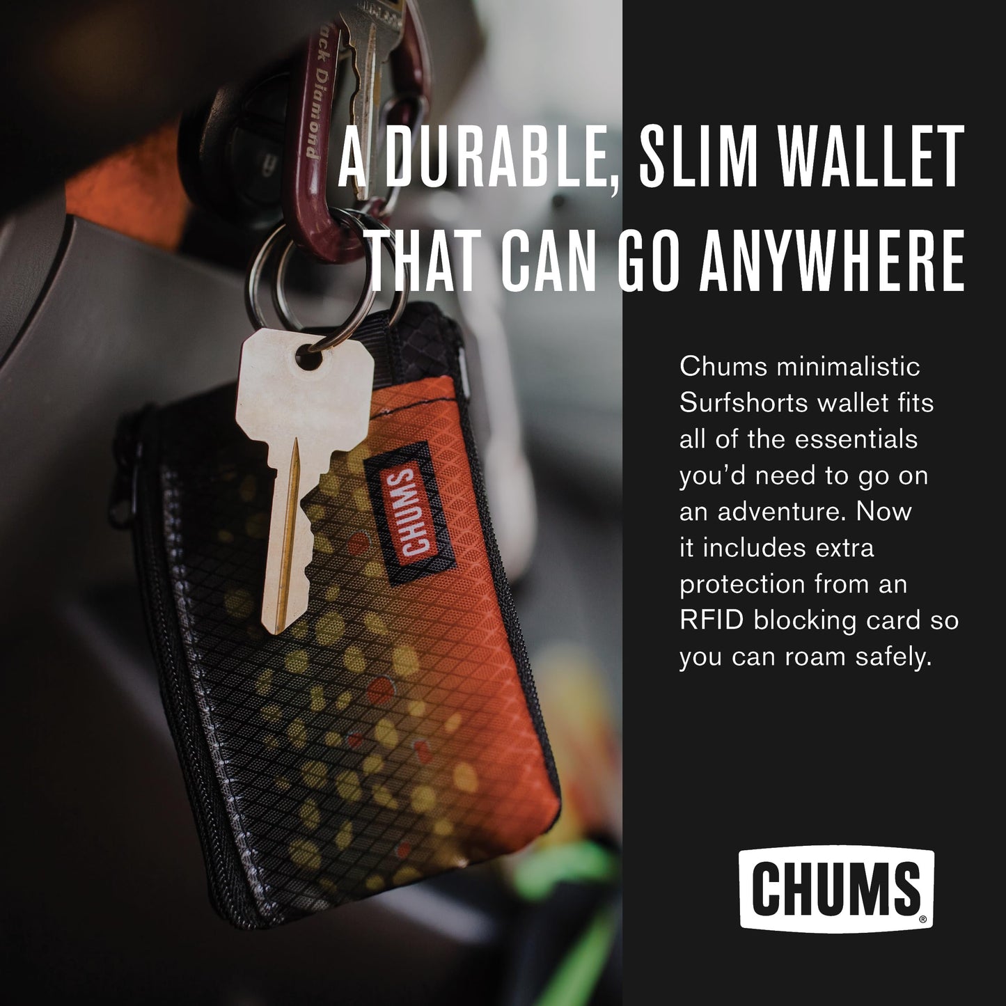 Chums Surfshorts Wallet - Lightweight Slim Wallet with RFID Blocking Card & Clear ID Window - Zippered, Water Resistant w/Key Ring (Berry/Melon)