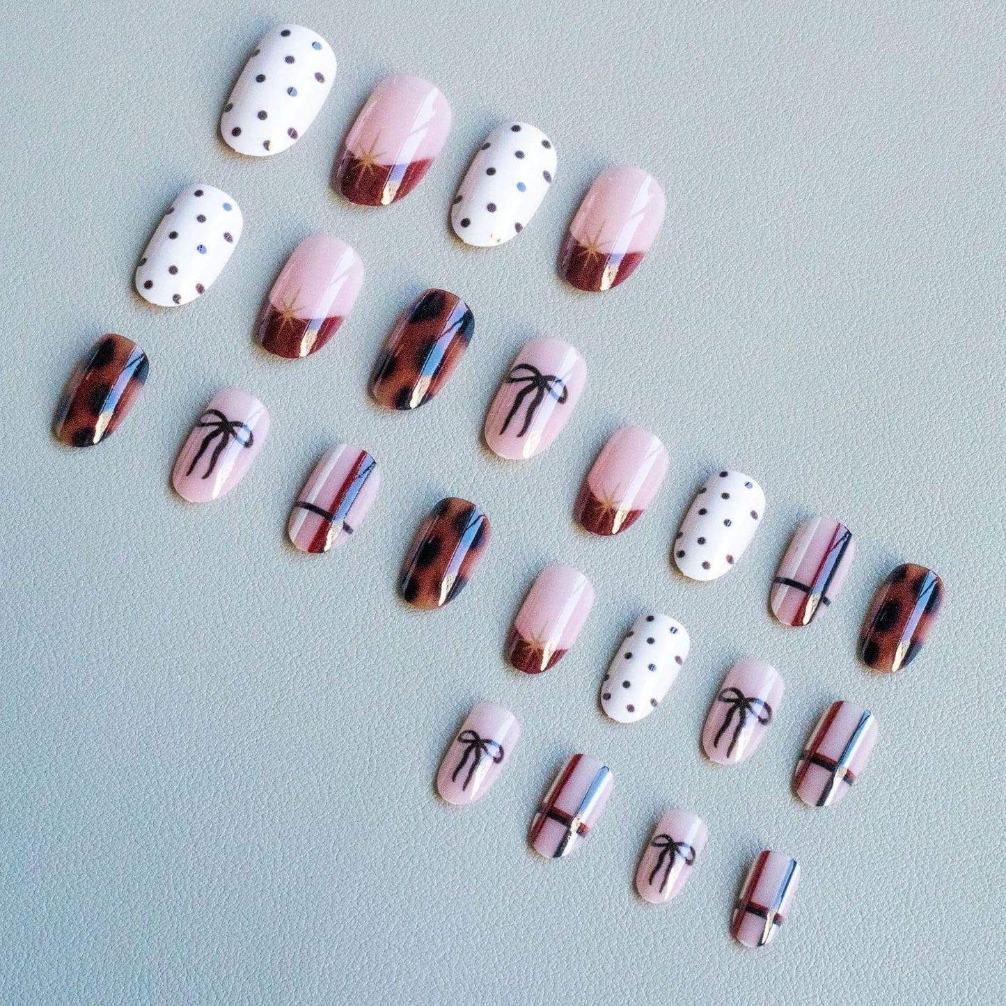 IMSOHOT Press on Nails Short Oval Fake Nails Brown Acrylic False Nails with Polka Dot, Bow Designs Cute Round Glossy Glue on Nails for Women Girls Nail Decoration