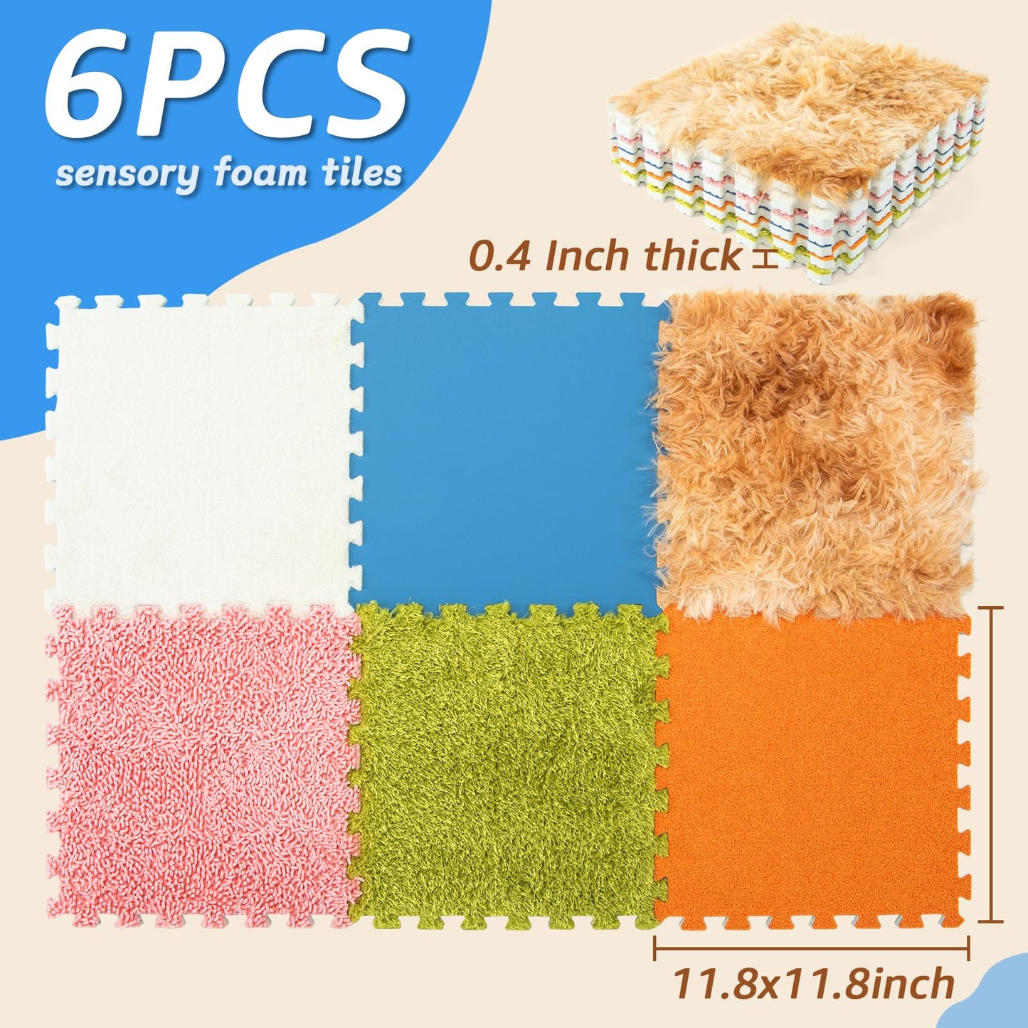 Edusense 6-Pack Sensory Floor Tiles – for Tactile Play, Autism Support & Baby Development | 1cm Thick Interlocking Foam Mat with 6 Textures | Essential for Playroom, Daycare & Calming Corner (3x2 ft)