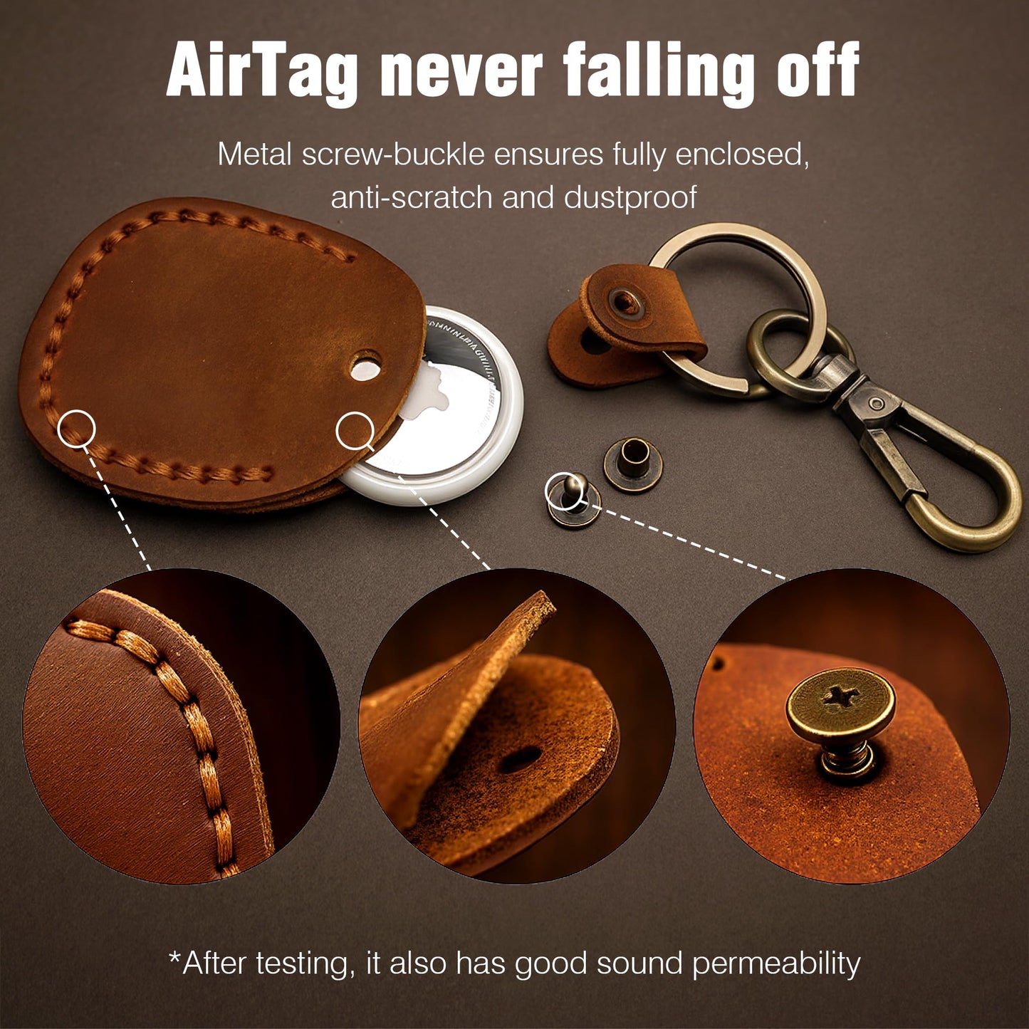 Q1T5 4 Pack Genuine Leather Airtag Holder - Hidden Holder Compatible with Apple AirTag 2nd & 1st Gen, Handmade Genuine Leather with Metal Rings - Full Coverage Case Gift Set
