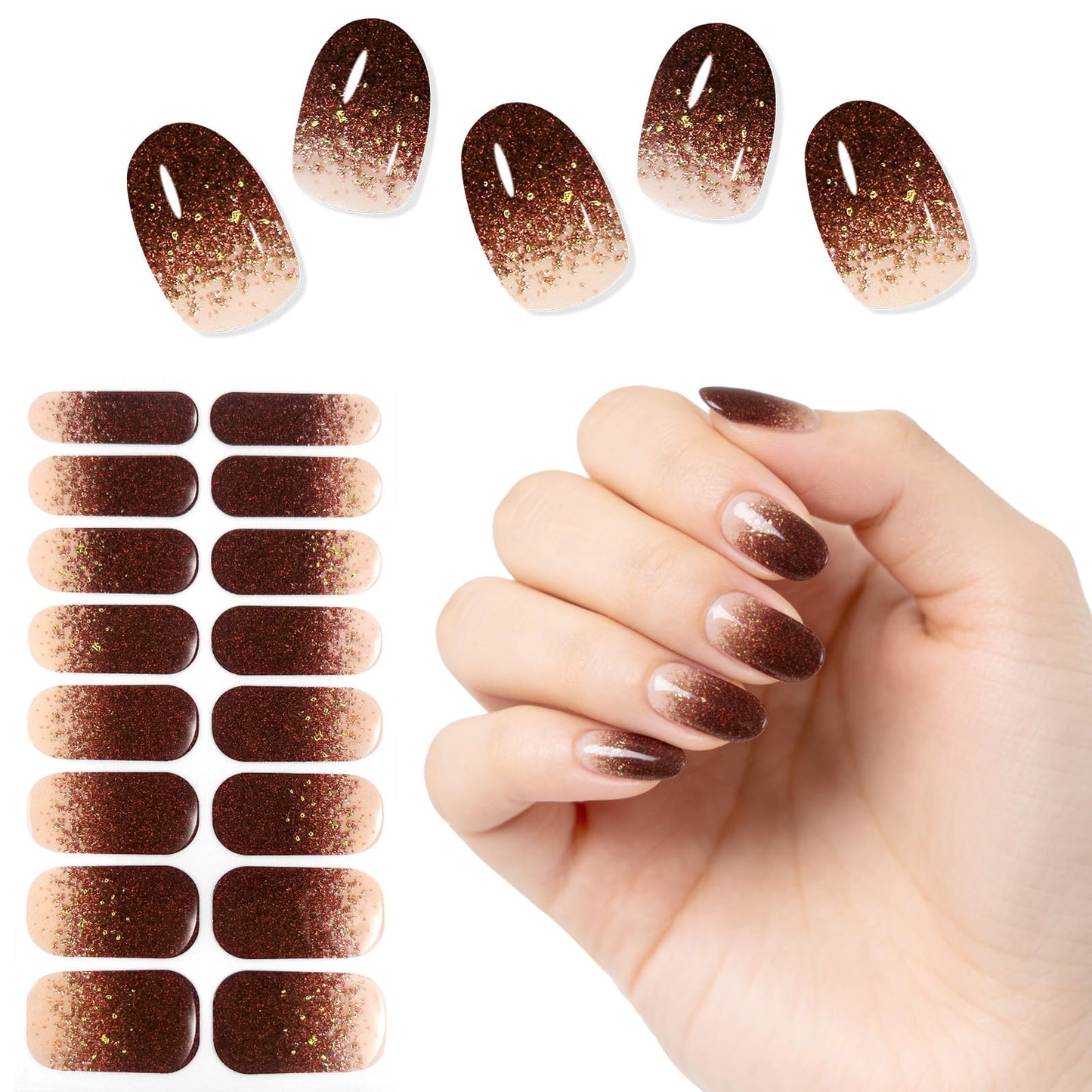 Semi Cured Gel Nail Strips -Burgundy Gold Flake Ombre-Stylish Nail Wraps, No UV Light Needed, Effortless Application & Removal, Salon Quality, Includes 16 Wraps, 1 Prep Pad, Wooden Stick & Nail File