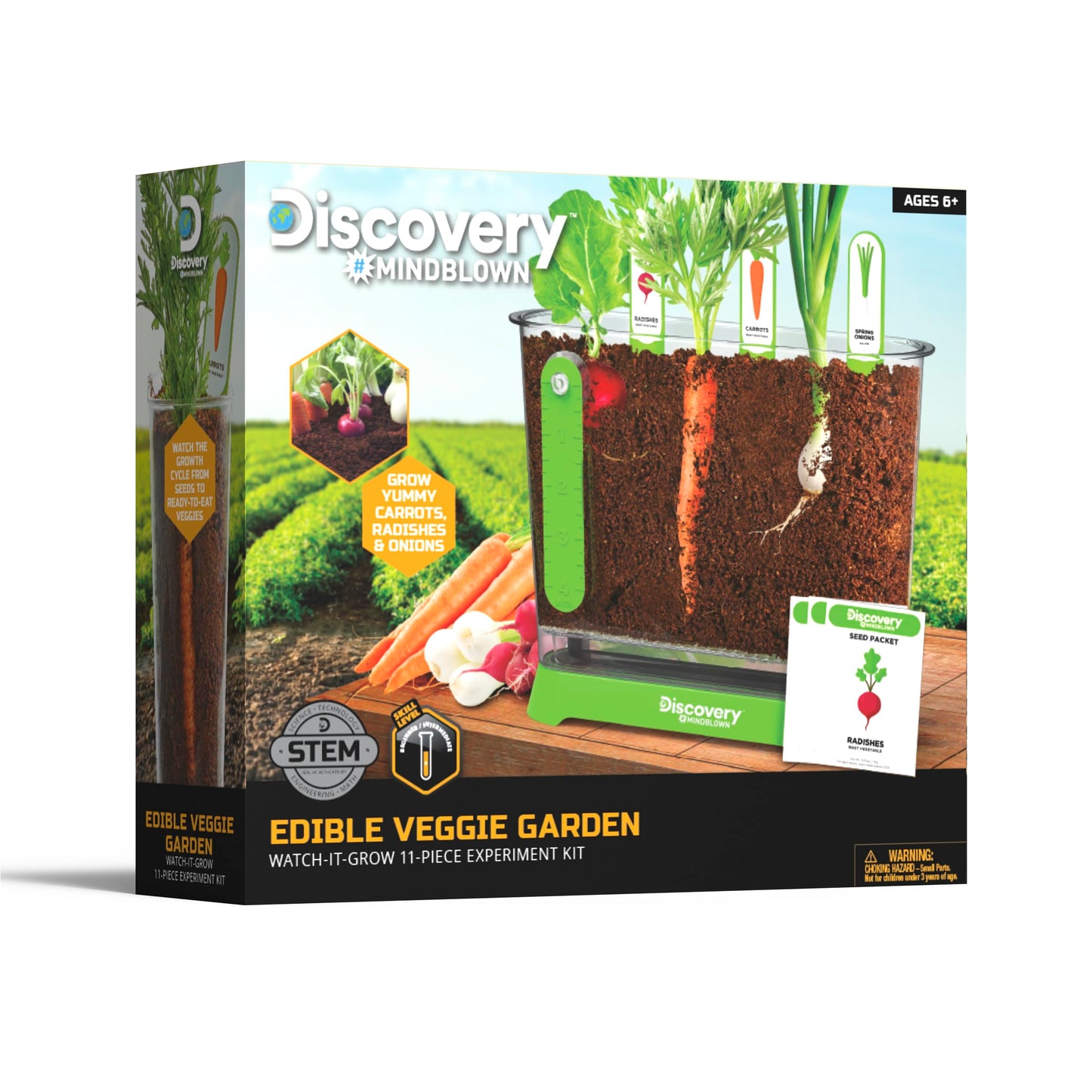 Discovery™ Edible Veggie Garden Watch-It-Grow Kit – DIY STEM Activity for Kids | Grow Carrots, Radishes & Onions| 11-Piece Science Kit with Seeds, Potting Mix & Root Tracker| Learning Toy Gift Ages 6+
