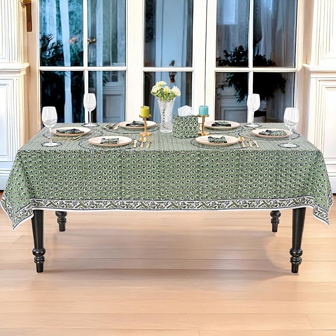 Ridhi Hand Block Print Basil Green Rectangle Cotton Tablecloth 120" x 60" Reusable Table Cover Decorative Everyday Use for Dining, Farmhouse, Home Gift for Spring, Easter, Valentine