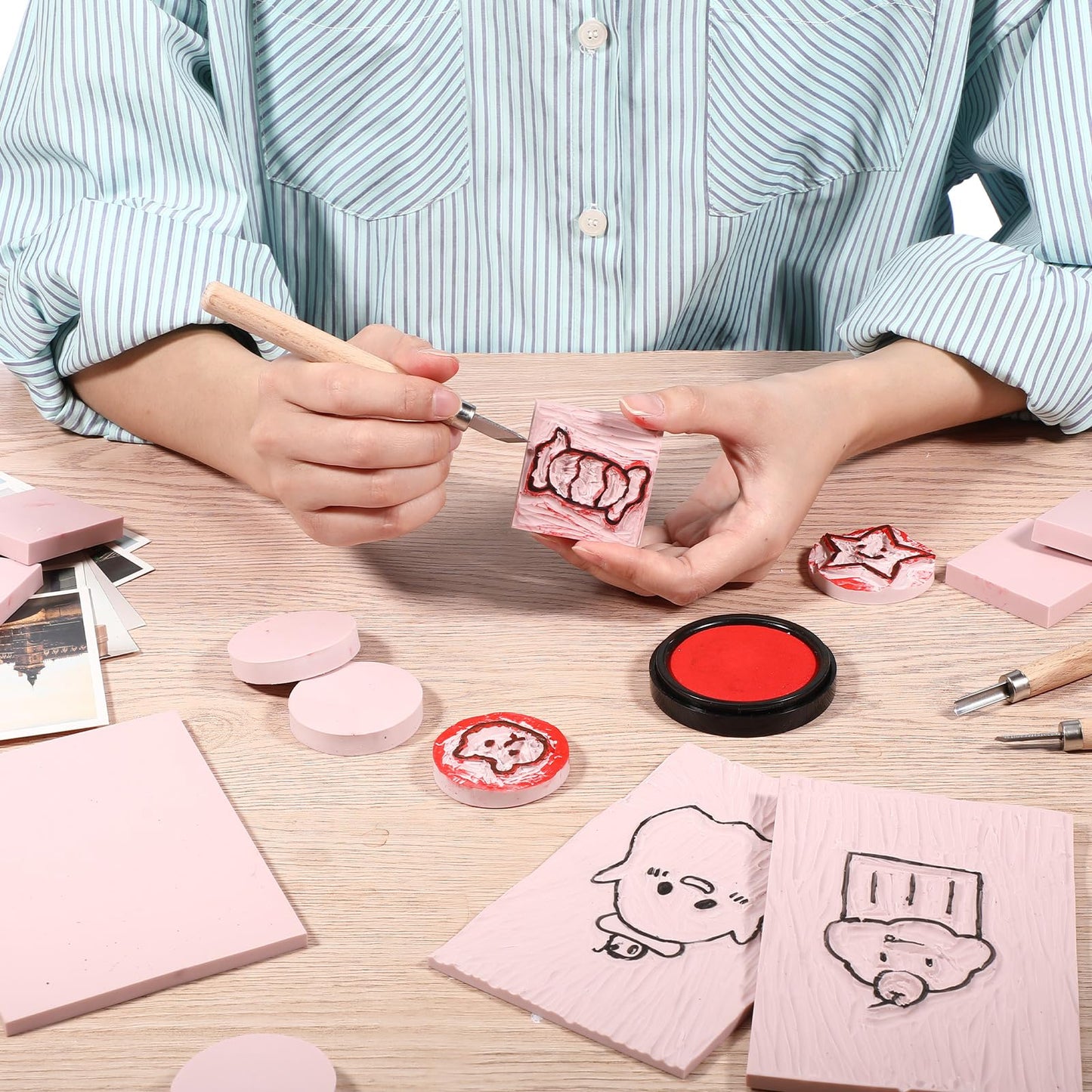Innconee 18 Pcs Rubber Stamp Carving Blocks Linoleum Blocks 4"x6" and 2"x2" Round Square Rectangle Block Carving Kit for Stamp Crafts DIY Project(Pink)