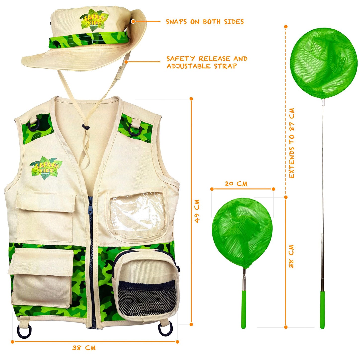 Kidz@Play Bug Hunting Kit, Green Safari Vest, Hat, Binoculars, Lg. Butterfly Net, Bug Container, Whistle, Flashlight, Magnifier, Thermostat, Compass, Age 3+