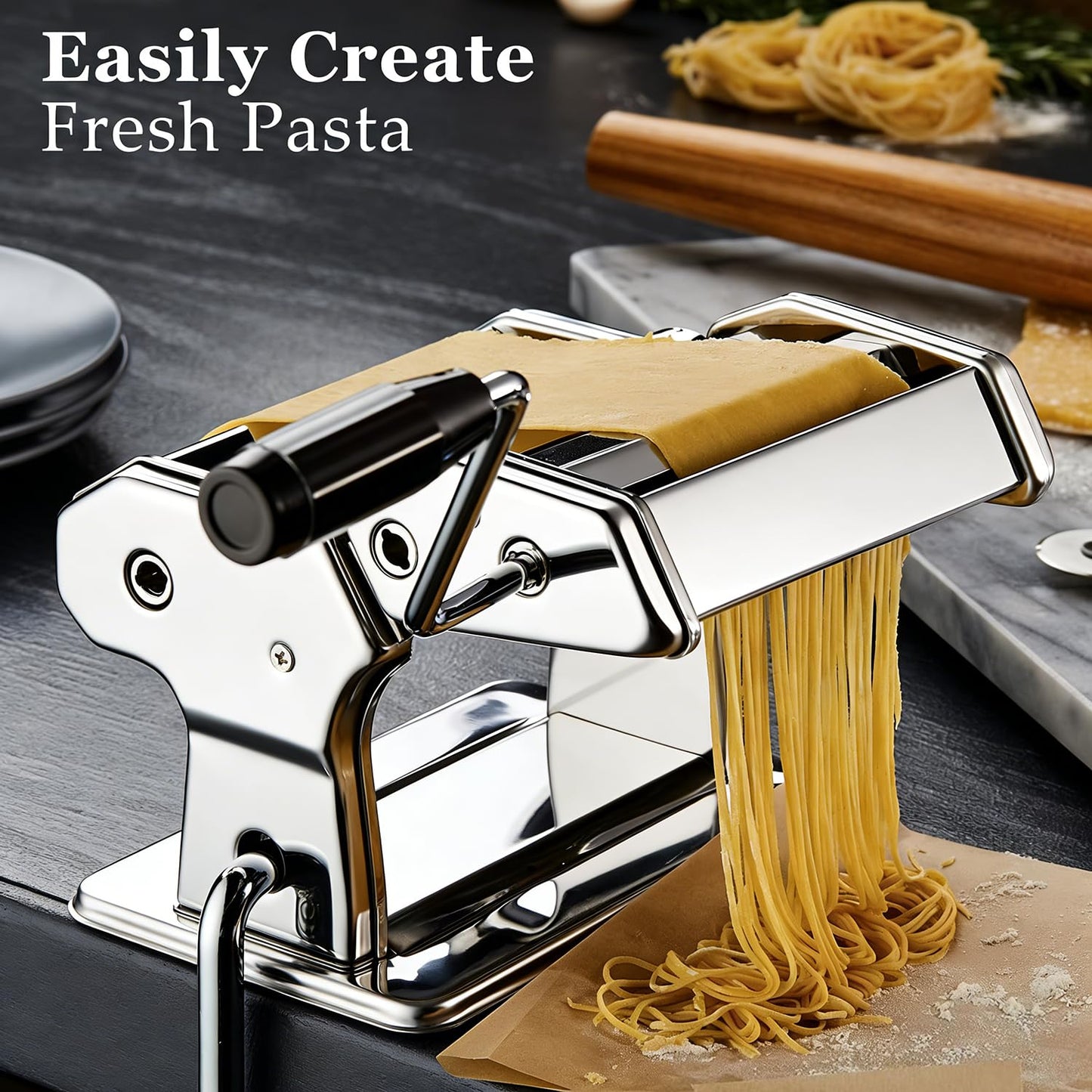 Pasta Maker Machine, Manual Pasta Maker with 9 Adjustable Thickness Settings, Stainless Steel Noodles Maker with Rollers and Cutter for Pasta, Spaghetti, Fettuccini, Lasagna