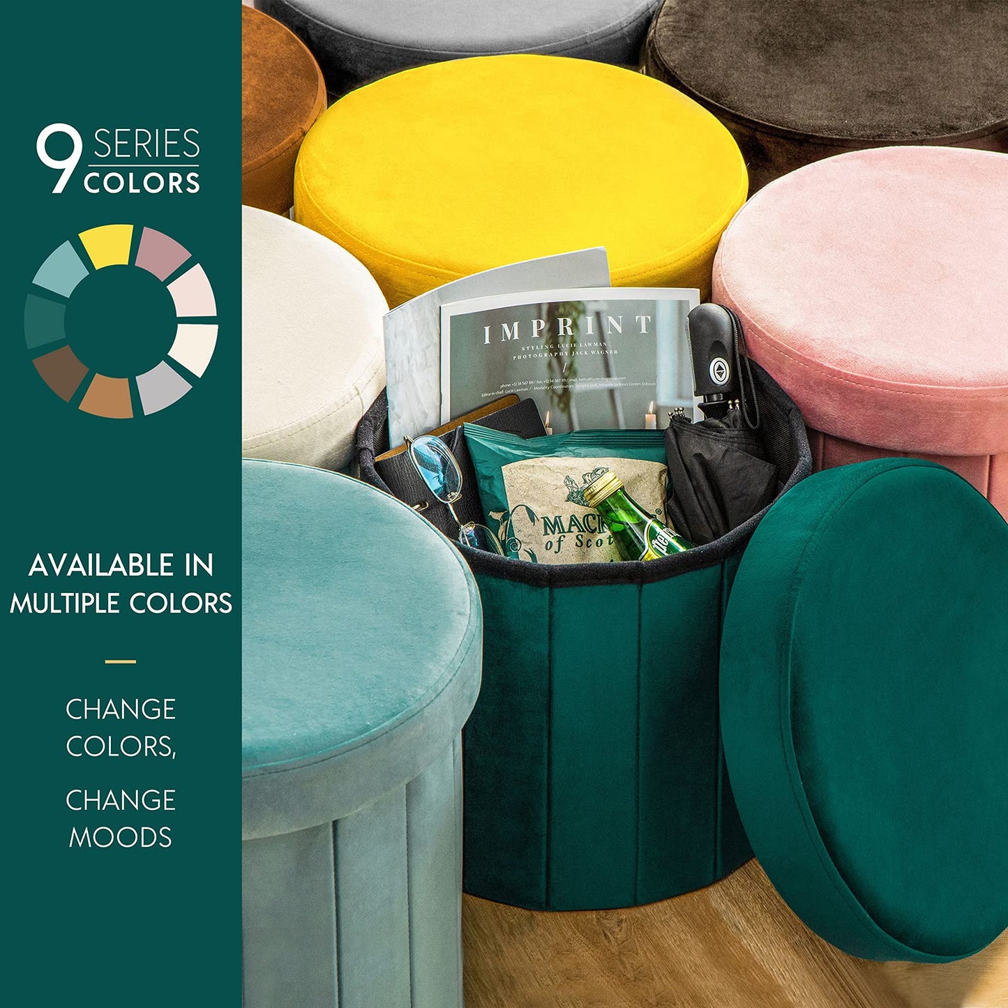 Phantoscope Storage Ottoman Round15 Inch, Velvet Folding Storage Boxes Footrest Foot Ottoman Toy Box, Padded Seat for Dorm Living Room Bedroom, Support 220lbs Brown