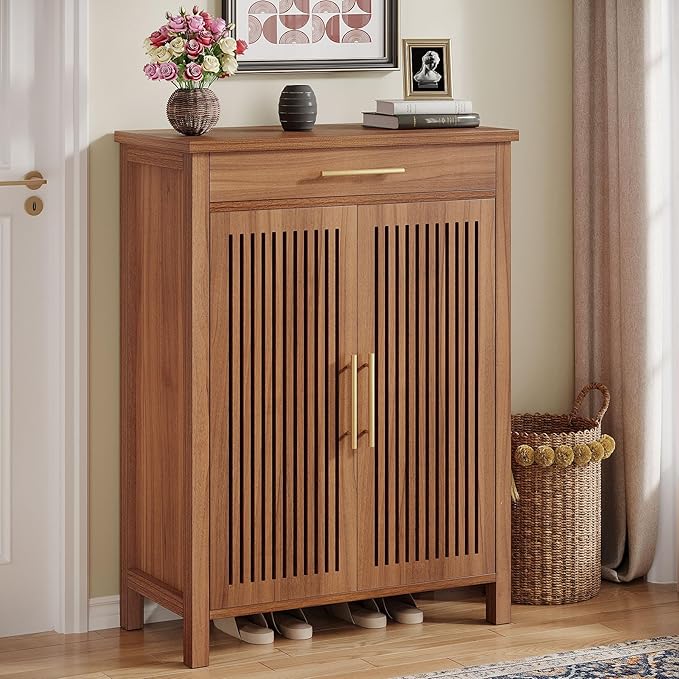 Tribesigns Shoe Cabinet, 5-Tier Shoe Storage Cabinet with Louvered Doors and Drawer, Freestanding Wooden Shoe Rack Organizer with Adjustable Shelves for Entryway, Hallway, Closet, Brown