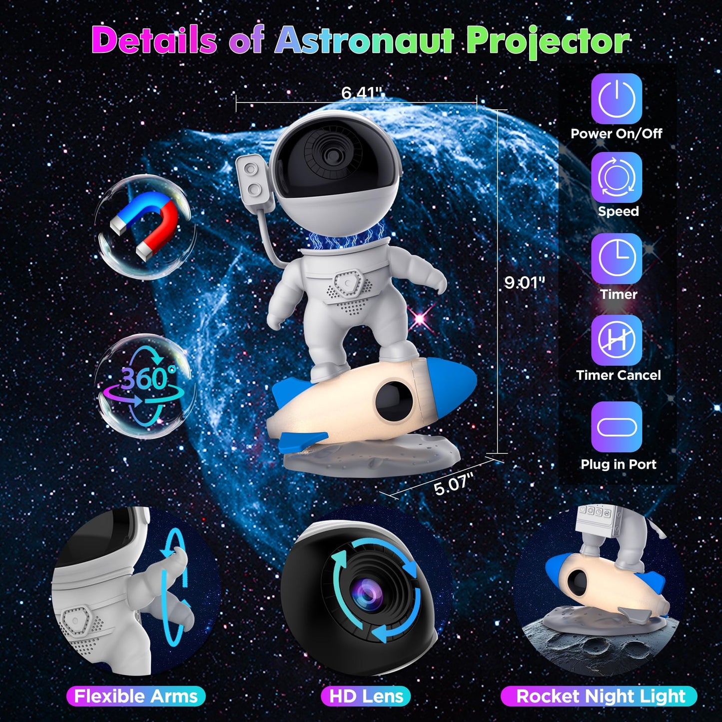 Aimetoile Astronaut Galaxy Projector Light for Bedroom, 12-in-1 HD Nebula Northern Lights Projector with 360° Rotating Projection, Fixed Rocket Night Light with Timer, Gift for Boys Girls Kids