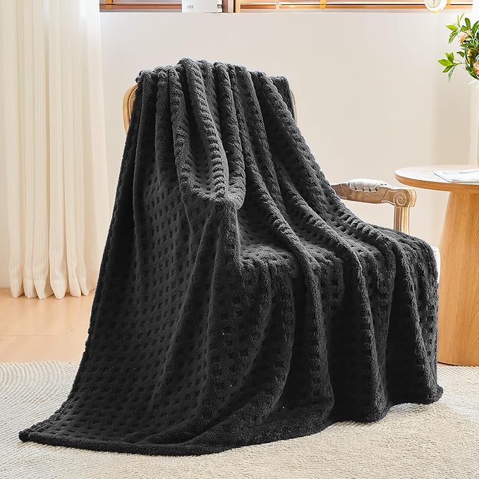 NEWCOSPLAY Super Soft Queen Blanket Black Premium Silky Flannel Fleece 3D Waffle Checkered Lightweight Bed Blanket All Season Use (Black, Queen(90"x90"))