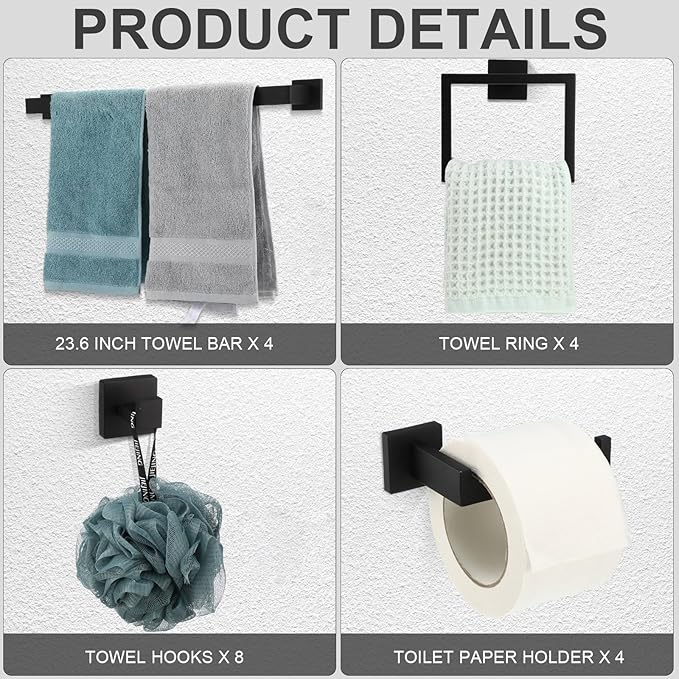 Gisafai 20 Pcs Bathroom Hardware Accessories Set 23.6 Inch Bath Towel Bar Kit Stainless Steel Bathroom Hardware Set Towel Racks Ring Hooks Paper Holder for Wall Mounted (Black)
