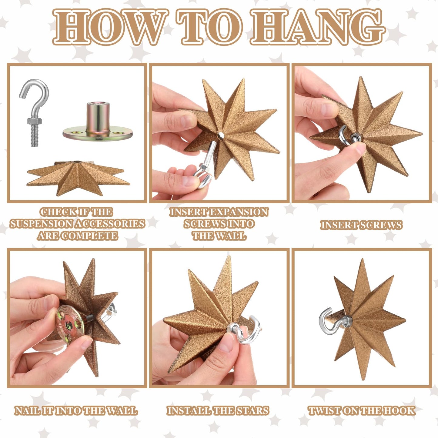 LEIFIDE 2 Pcs 4.25'' Wall Mount Ceiling Hooks Plant Hooks for Ceiling Metal Plant Bracket Iron Wall Hook for Hanging Plants, Lights, Outdoor Wire and Wind Chimes, Bronze (Whimsical Star Style)