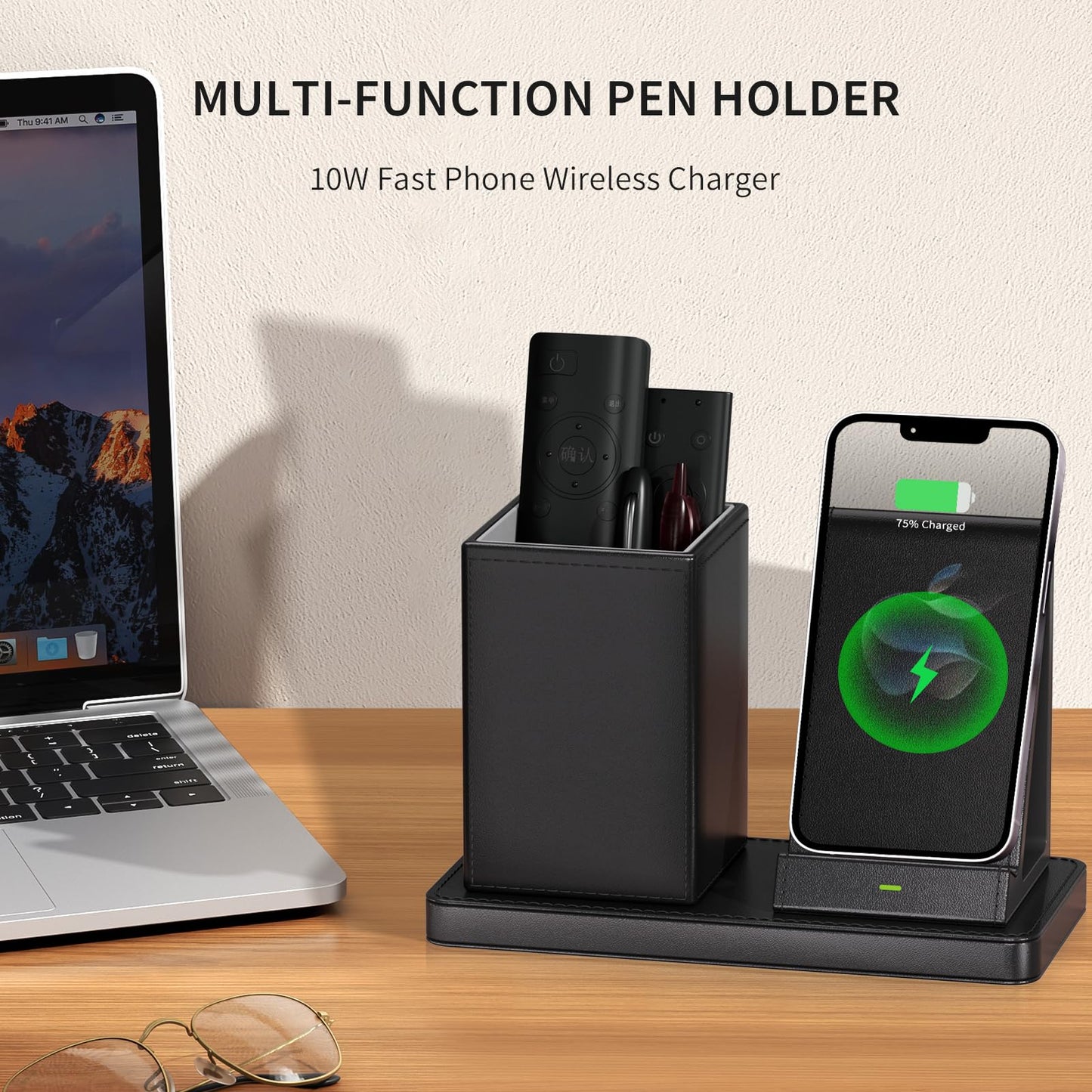 Multi-Functional Pen Holder for Desk,Black Vegan Leather Desk Organizers with Remote Control Holder,Pencil Holder for Desk,Desk Organizer with Phone Wireless Charger for Office/Nightstand/Endtable