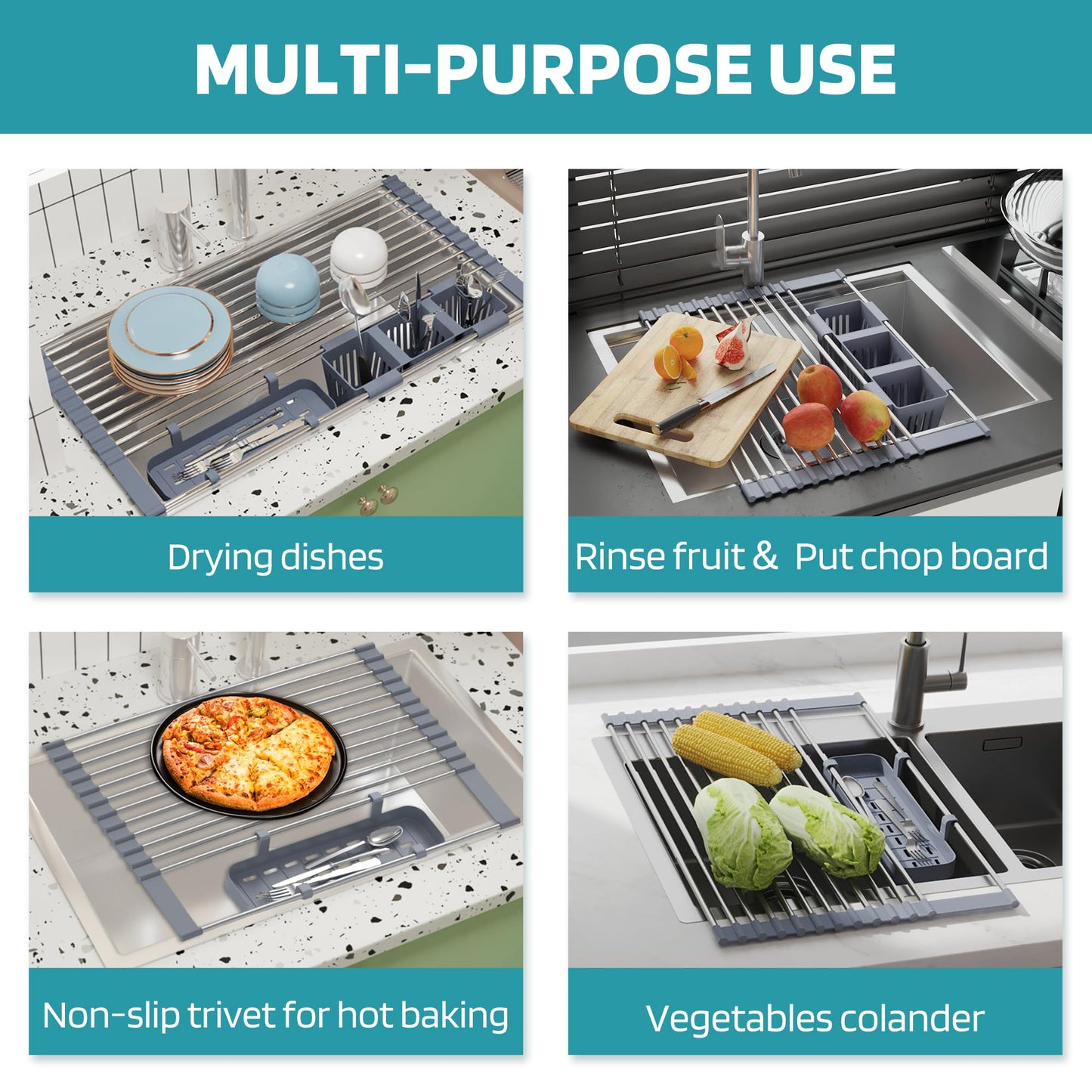 BBXTYLY Expandable Roll Up Dish Drying Rack Up to 22.8''with 2 Storage Baskets,Over The Sink Kitchen Rolling up Dish Drainer Drying Rack, Foldable,Rollable,for Kitchen Dishes(Expandable Width Size)