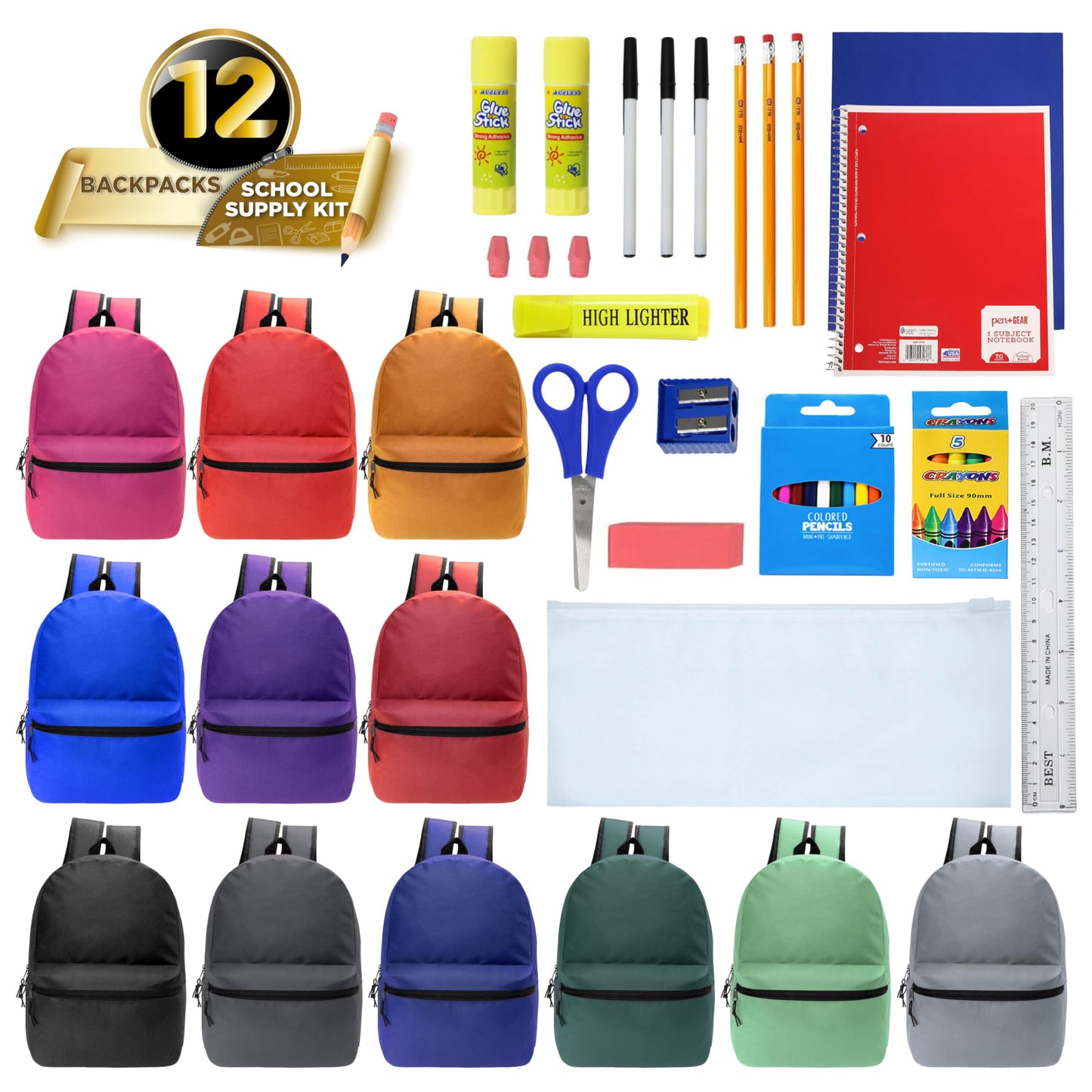 Moda West 17 Inch Bulk Backpacks with 34 Piece School Supplies Kits - Pens, Pencils, Crayons - Case of 12 Wholesale Backpacks in 12 Assorted Colors
