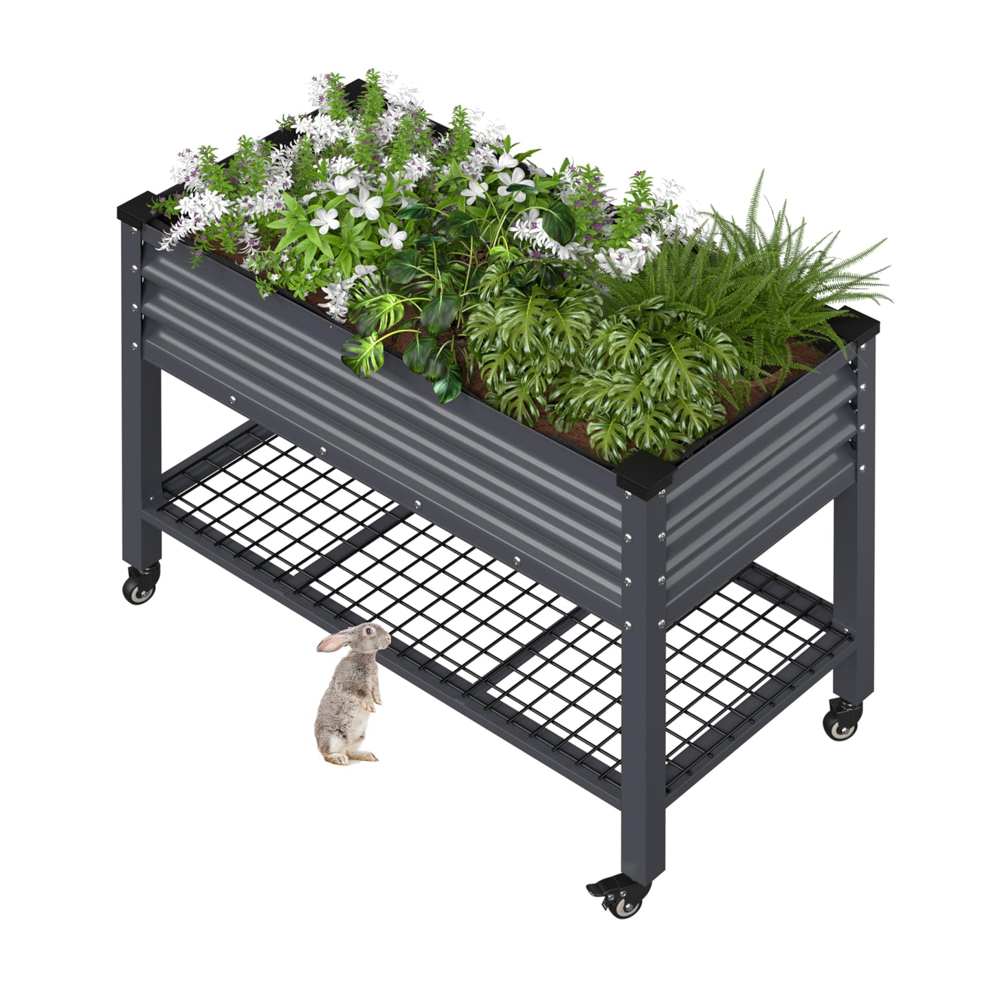 BlueWish 48" W x 24" D x 34" H Outdoor Galvanized Garden Bed, Elevate Raised Bed with Detachable Black Liner, Rolling Casters, Storage Shelf, Planter Boxes for Gardening, Vegetable, Flower, Grey