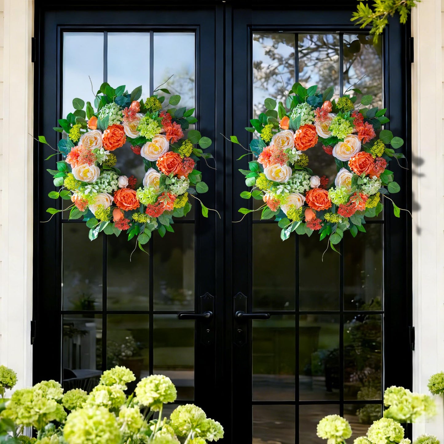 CHvista Spring Wreaths for Front Door Outside 24 Inch Luxury Summer Wreath with White Rose Flowers,Pink Dahlia & Green Hydrangeas,Lush Greenery Spring Front Door Wreath for Home,Wall,Porch Decor