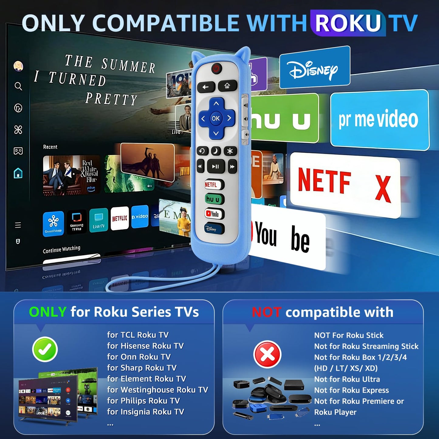 (Pack of 3) Replacement Remote Only for Roku TV with Soft Silicone Protective Cover (Glow in The Dark), Universal Remote for TCL/Onn/Hisense/Sharp/Element/Philips Roku Smart TV (Elegant White)