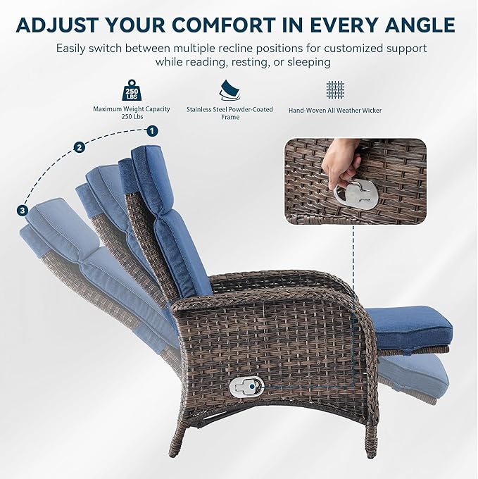 Zero Gravity Wicker Patio Recliner Chair - Wicker Outdoor Lounge Chair with Adjustable Backrest & Footrest, All Weather Outdoor Reclining Chairs with Thick Cushion for Pool Deck Blue