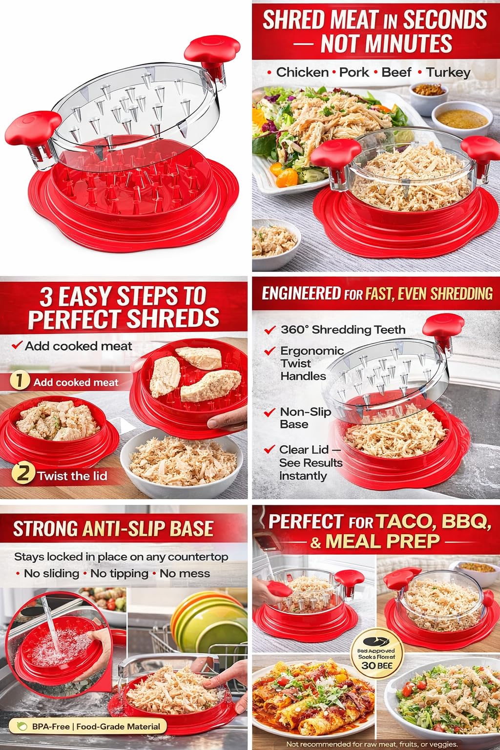 Chicken Shredder Tool Twist | Anti Slip BPA Free Meat Shredder Kitchen Accessories | Ergonomic Handle Meat Grinder | Dishwasher Safe Transparent Lid, Suitable for Tocas Pork Beef Chicken (Red)