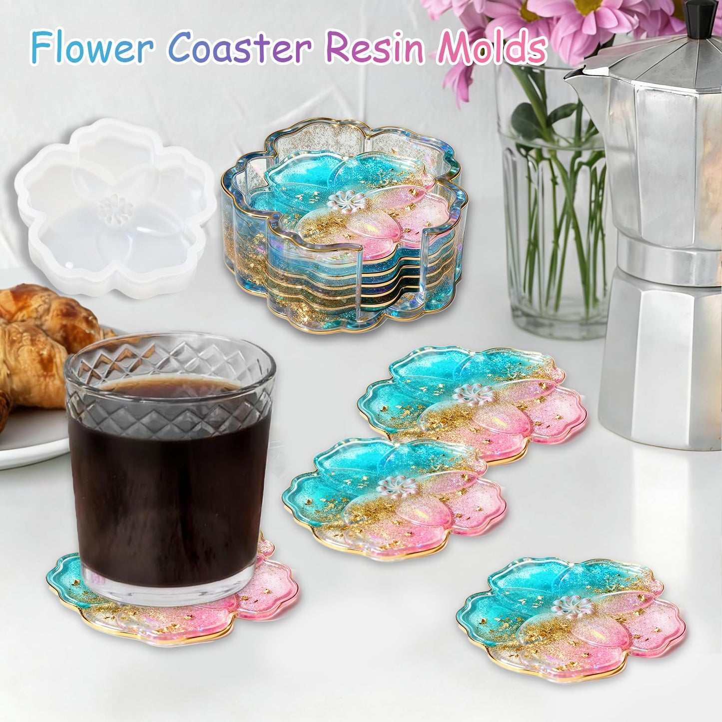 Panamalar Silicone Coaster Resin Molds, 5PCS Flower Coaster Molds with Holder Mold for Epoxy Resin, Coaster Tray Resin Casting Molds for DIY Art Craft Home Decoration Table Wine Cup Mat