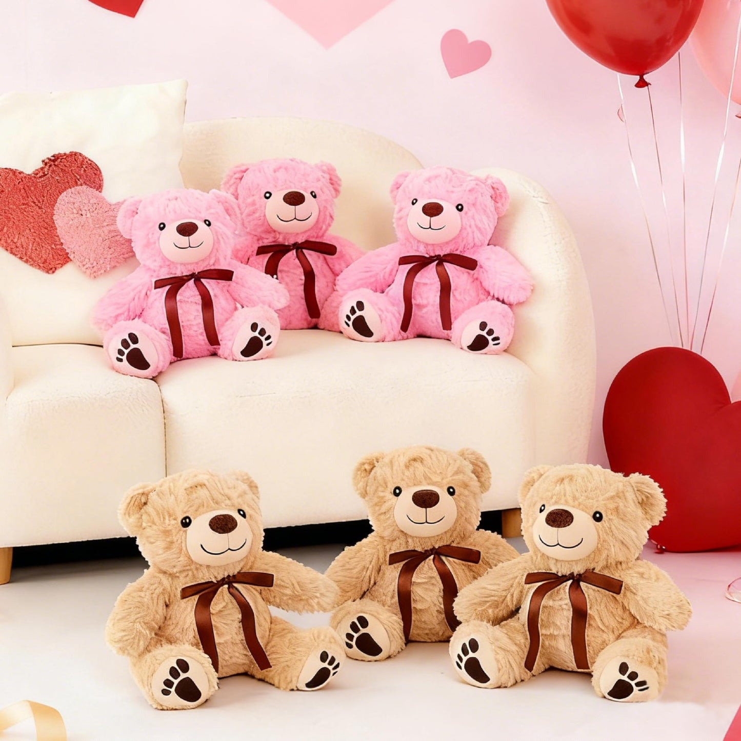 EEYQR 6Pcs Teddy Bear Stuffed Animals Bulk for Baby Shower, Small Stuffed Teddy Bear Plush, Bulk Bears Plush Toys for Baby Shower Party Decorations Christmas Valentine's Day (Brown, Pink)