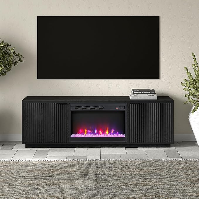 Henn&Hart Rectangular TV Stand with 26" Crystal Fireplace for TV's up to 78" in Black Grain, for Home, Living Room, Bedroom, Entertainment Room, Office