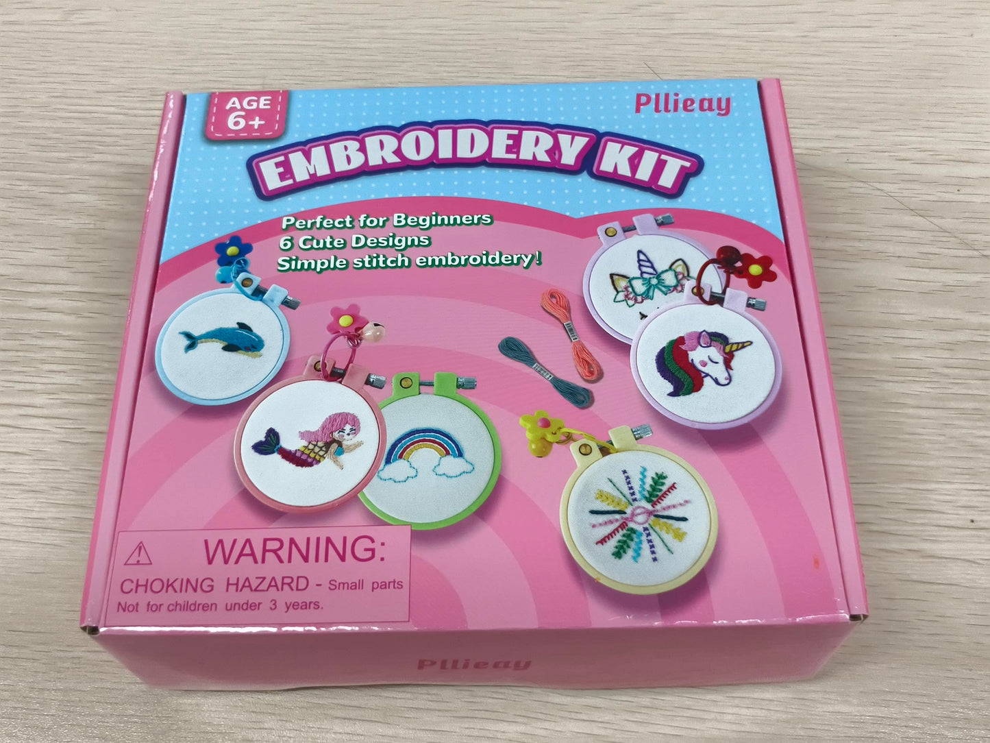 Pllieay 6PCS Embroidery Kit for Kids, Needlepoint Kits for Beginners with Pre-Printed Pattern, 6Pcs Hoop, Threads, Keychains and Instructions, Kids Cross Stitch Kits Supplies for Crafting