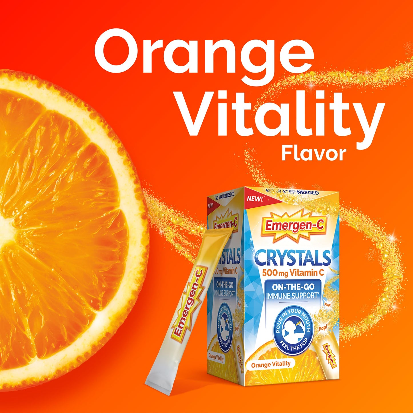 Emergen-C Crystals, On-the-Go Emergen-C Immune Support Supplement with Vitamin C, B Vitamins, Zinc and Manganese, Orange Vitality - 56 Stick Packs