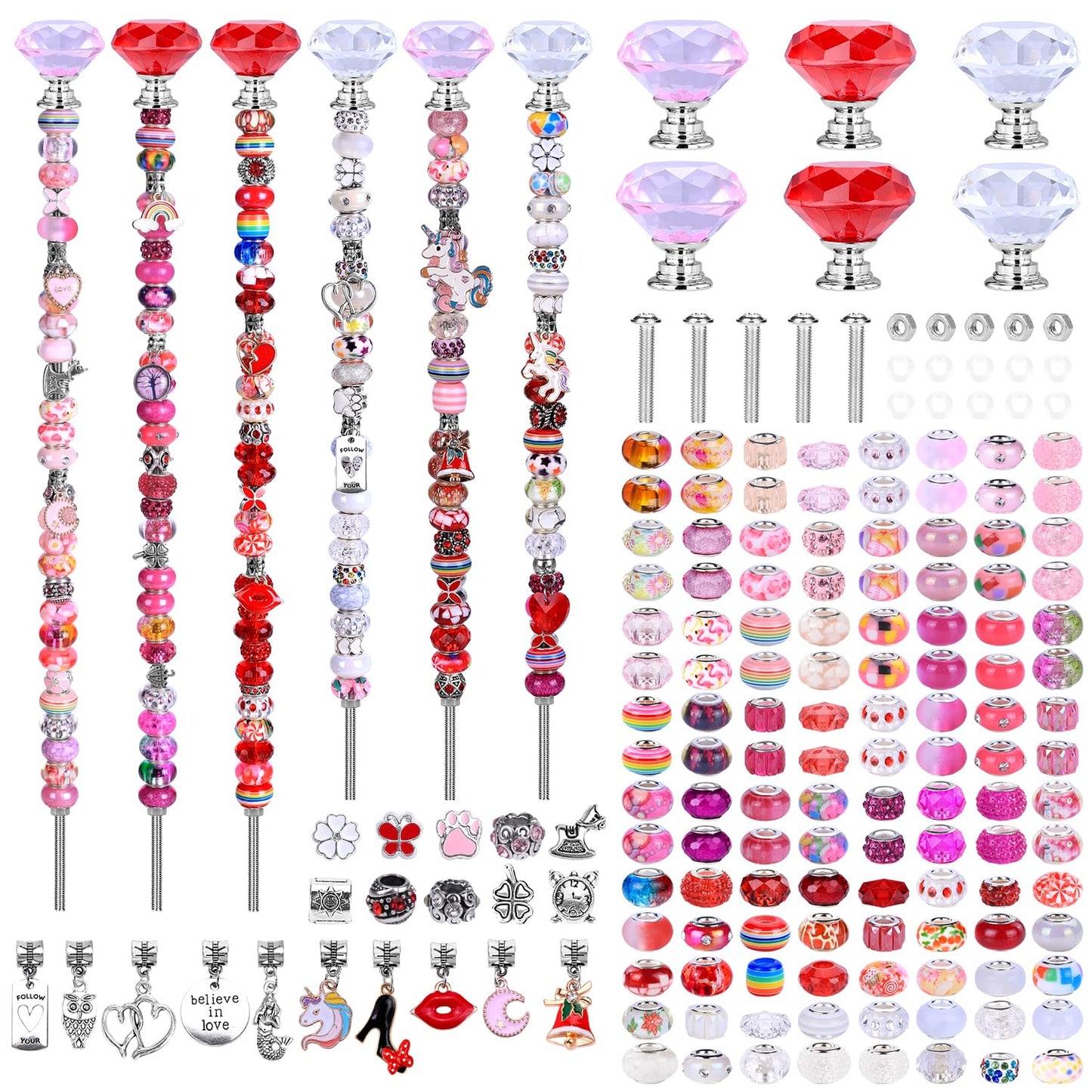 DIY Fairy Wand Garden Beads Stakes Wands Kit,Multiple Color Scheme European Beads Crystal Diamond Tops and 12 or 10 Inch Threaded Rods,Stainless Steel Stakes with Diamond Toppe(Pink+Rose+Red+White)