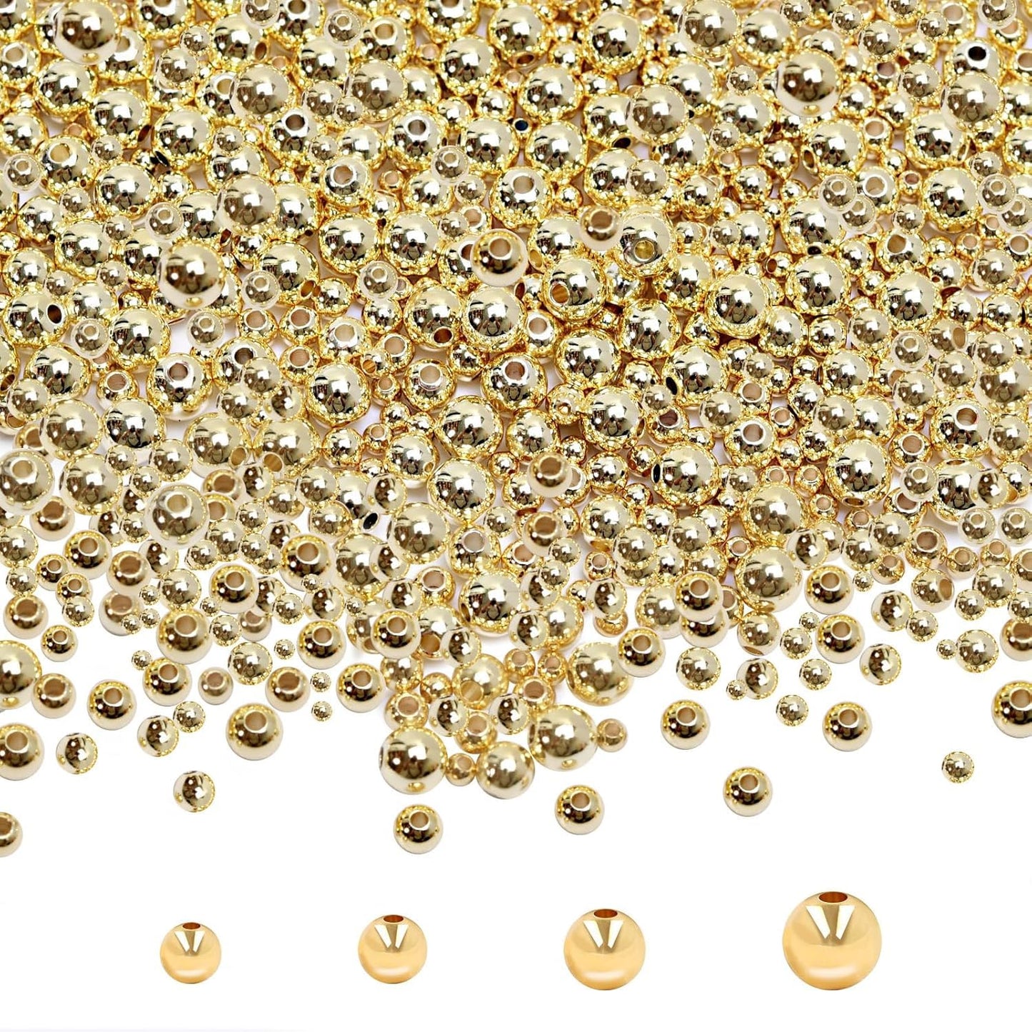 250pcs 14K Gold Filled Spacer Beads，Round Bracelet Bead,Seamless Smooth Metal Brass Bead，Lasting Round Spacer Beads for DIY Necklace Bracelet Jewelry Making (4mm)