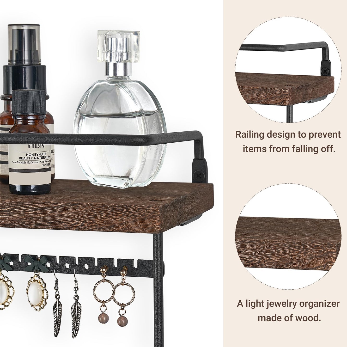 Mkono Hanging Jewelry Organizer Wall Mounted Jewelry Organizer Necklace Holder with Rustic Wood Shelf, Ring Display Box, Ear Studs Earring Holder Bracelet Organizer (Brown)