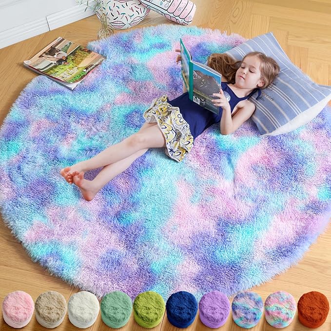 Amdrebio Purple Rainbow Round Rug 4Ft for Bedroom Girls Room Decor, Mermaid Stitch Frozen Kids Rugs for Playroom Nursery Dorm, Fluffy Furry Cute Shag Carpet, Kawaii Circle Area Rugs for Baby Toddler