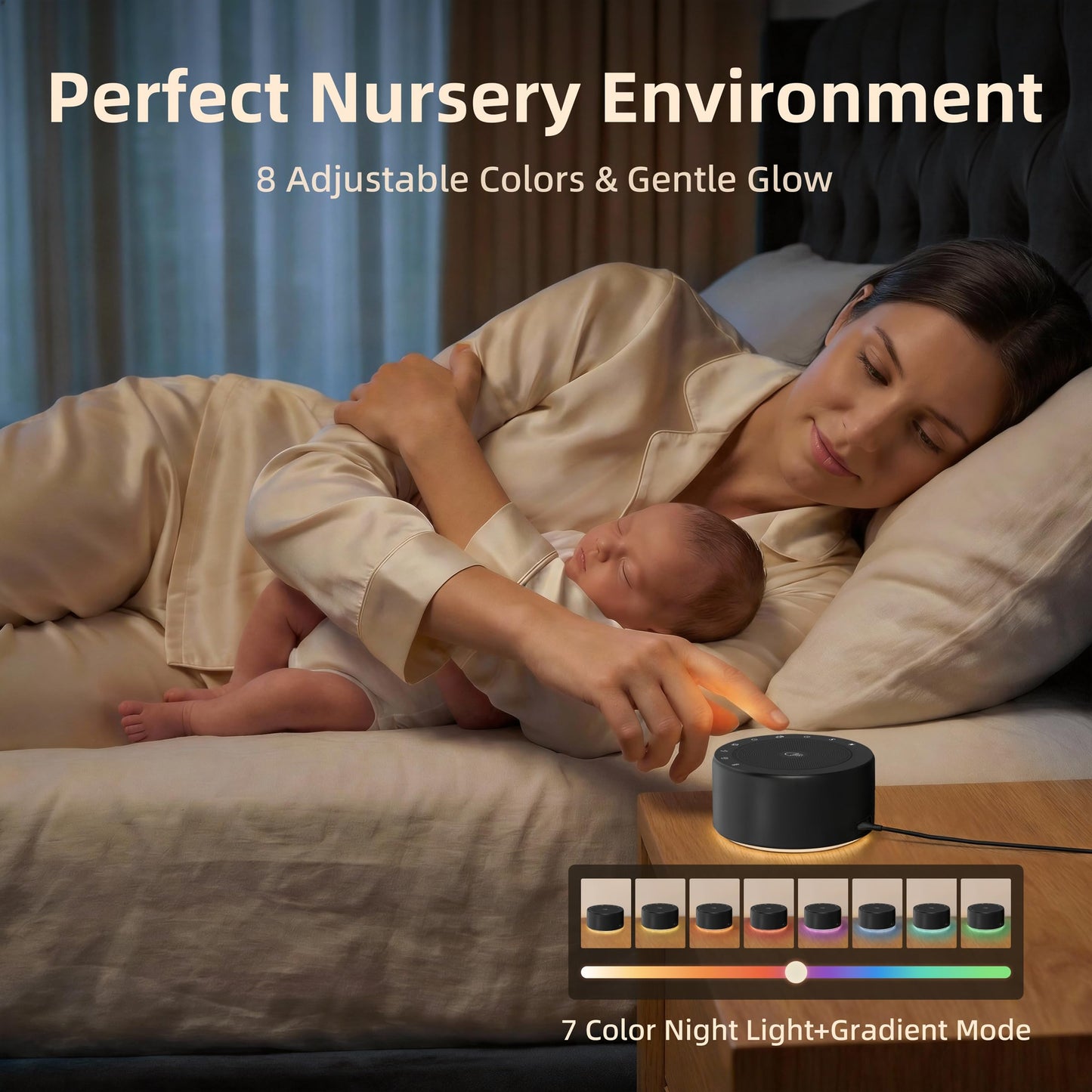 Kipcush White Noise Machine with Night Light – Nursery Sound Machine with Soft Non-Glare Lamp, 30 Soothing Sounds, 8 Color Lights, Up to 8-Hour Timer for Baby & Adults