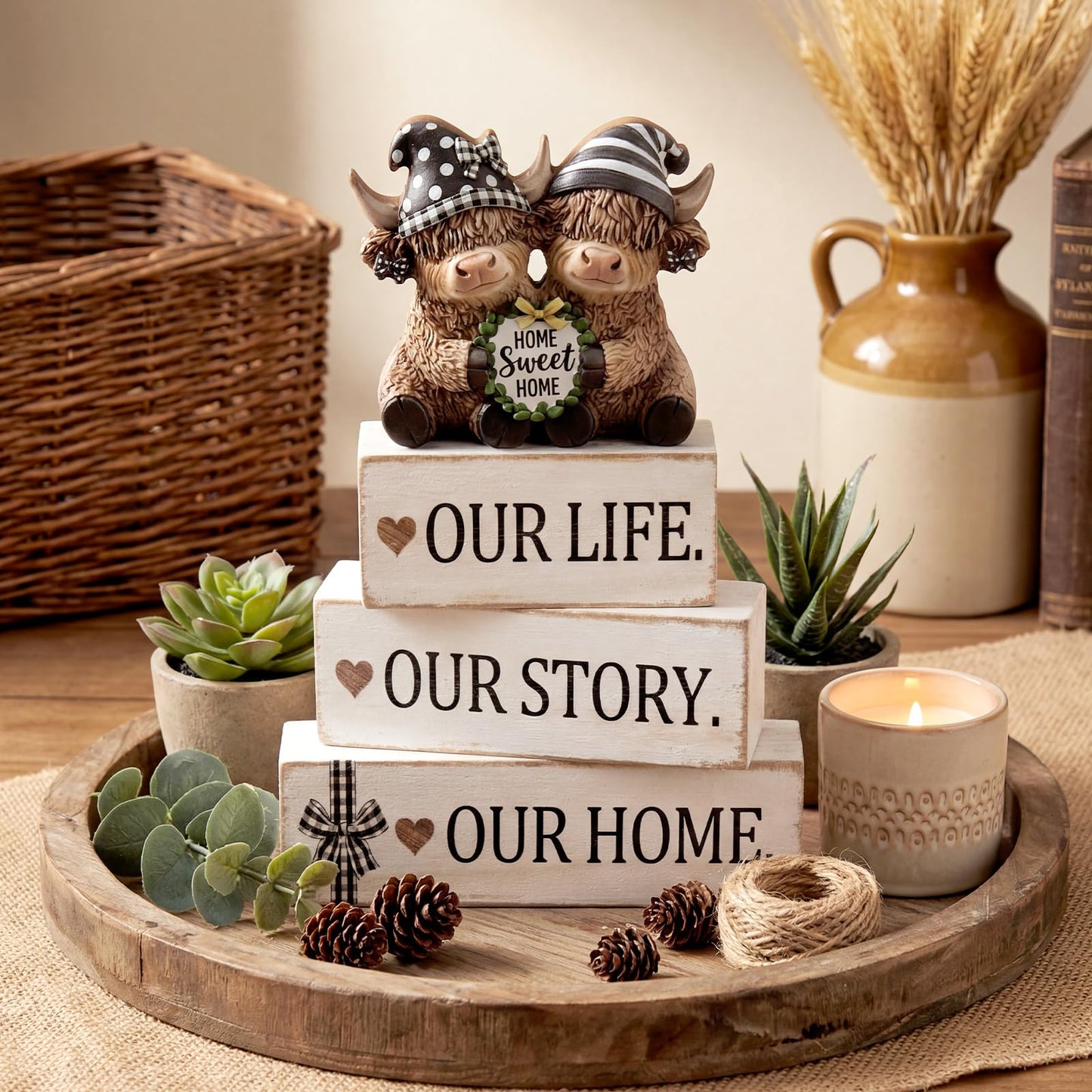 Yousoontic 4 Pcs Rustic Wooden Highland Cow Figurines Set, Farmhouse Table Decor Home Sweet Home Stackable Centerpiece for Entryway Tiered Tray Shelf Living Room Office Decor, Housewarming Gift
