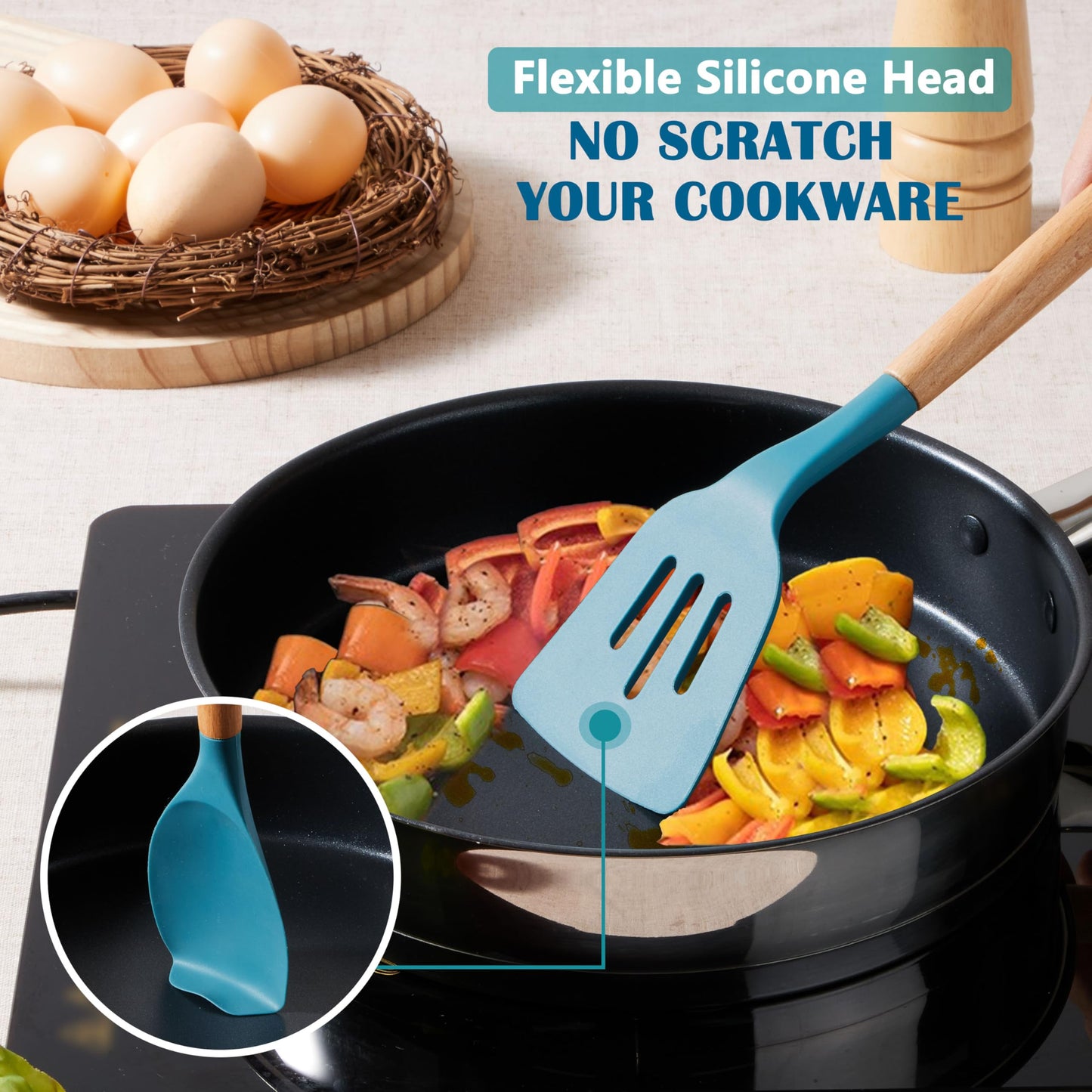 E-far Blue Silicone Cooking Utensils Set, 10-Piece Kitchen Utensils Set with Wooden Handle for Nonstick Cookware, Heat Resistant Kitchen Nonstick Tools Spatula Whisk Tongs Ladle, Non-toxic & Healthy