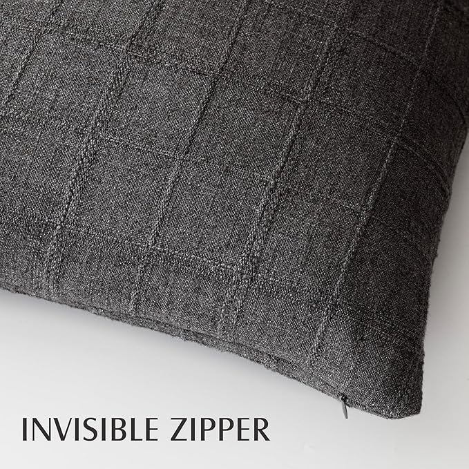 Foindtower Set of 2 Decorative Linen Check Throw Pillow Covers Neutral Farmhouse Vintage Cushion Covers Modern Boho Home Decor for Sofa Chair Couch Bedroom Living Room,22×22 Inch,Charcoal