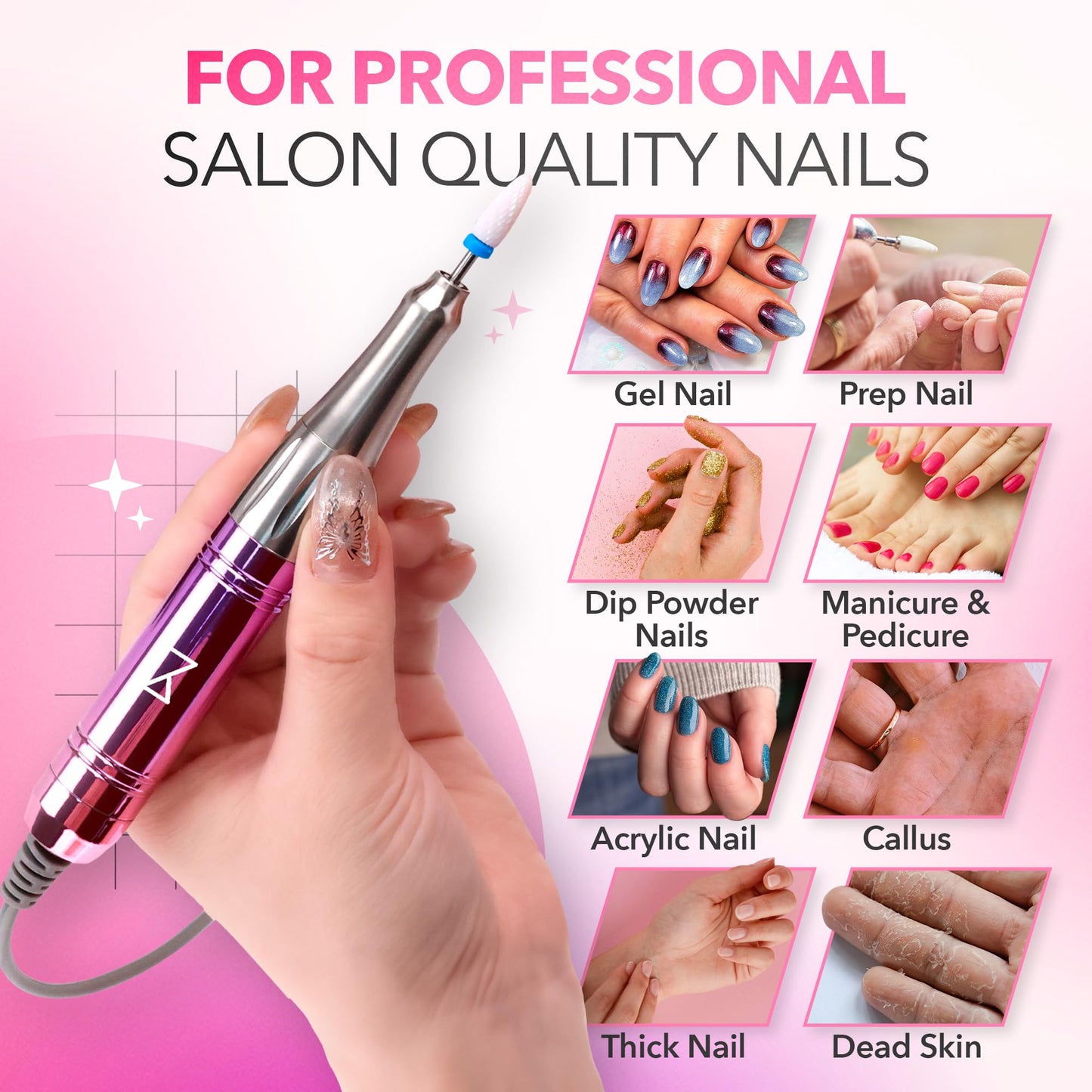 M Mase- Professional Nail Drill Machine - Coreless 2-in-1 Nail File - Electric, Cordless, 35000 RPM, HD Display - Electric Nail Drill for Professional & Home Use (Unicorn Purple)