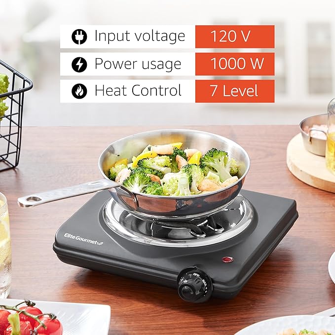 Elite Gourmet ESB100B Countertop Single Coiled Burner Electric Hot Plate, Temperature Control, Indicator Light, Easy to Clean, Black